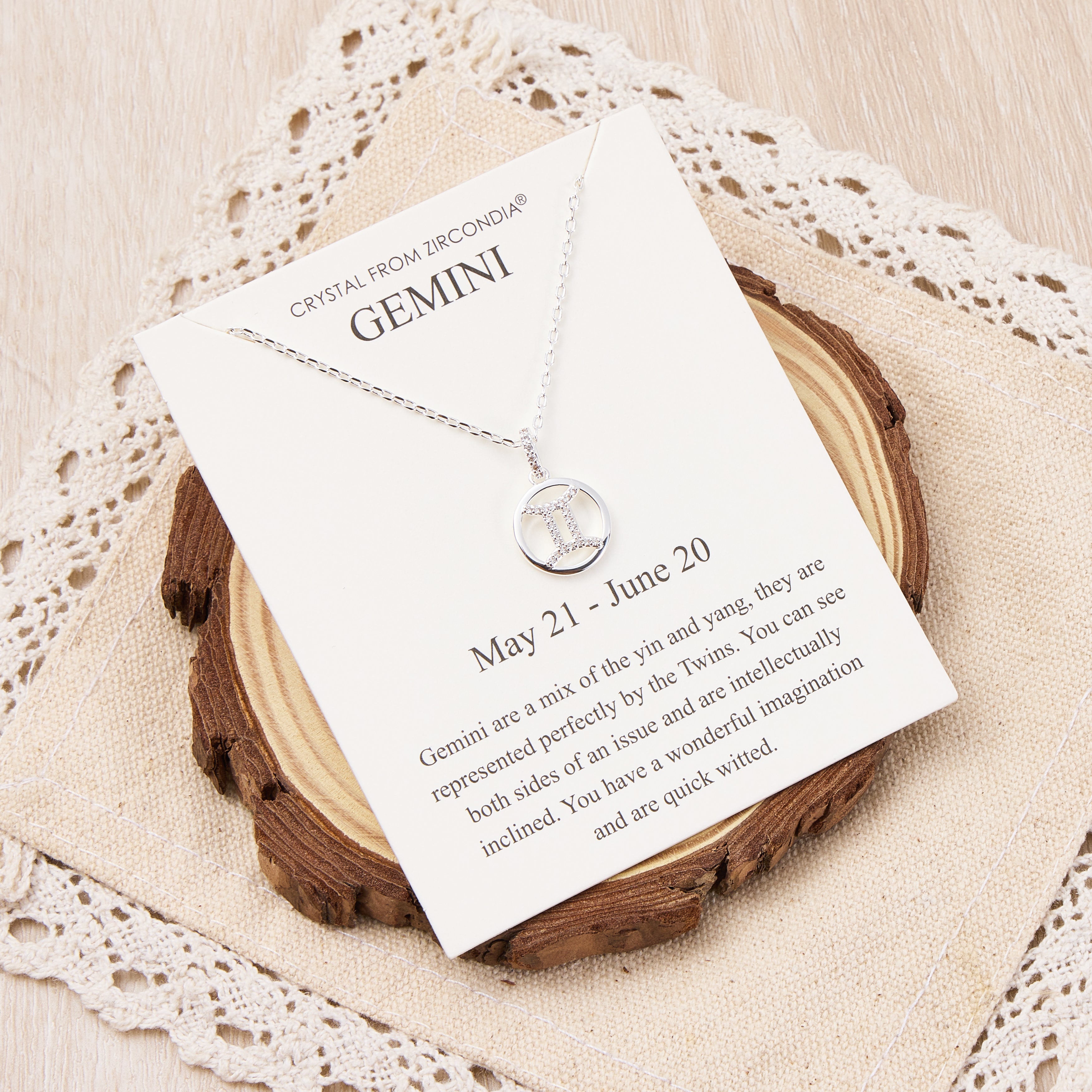 Gemini Star Sign Zodiac Necklace and Quote Card with Zircondia® Crystals