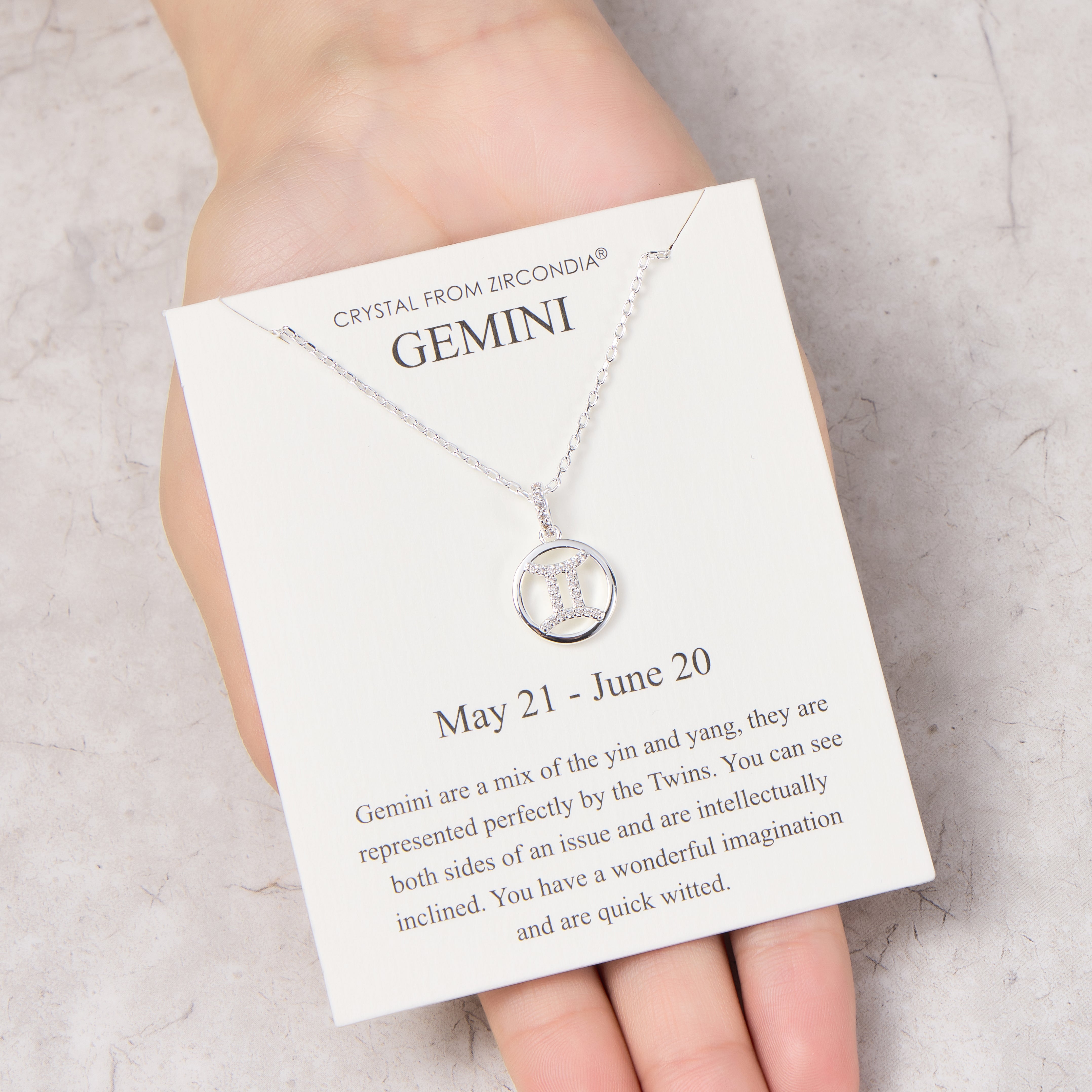 Gemini Star Sign Zodiac Necklace and Quote Card with Zircondia® Crystals