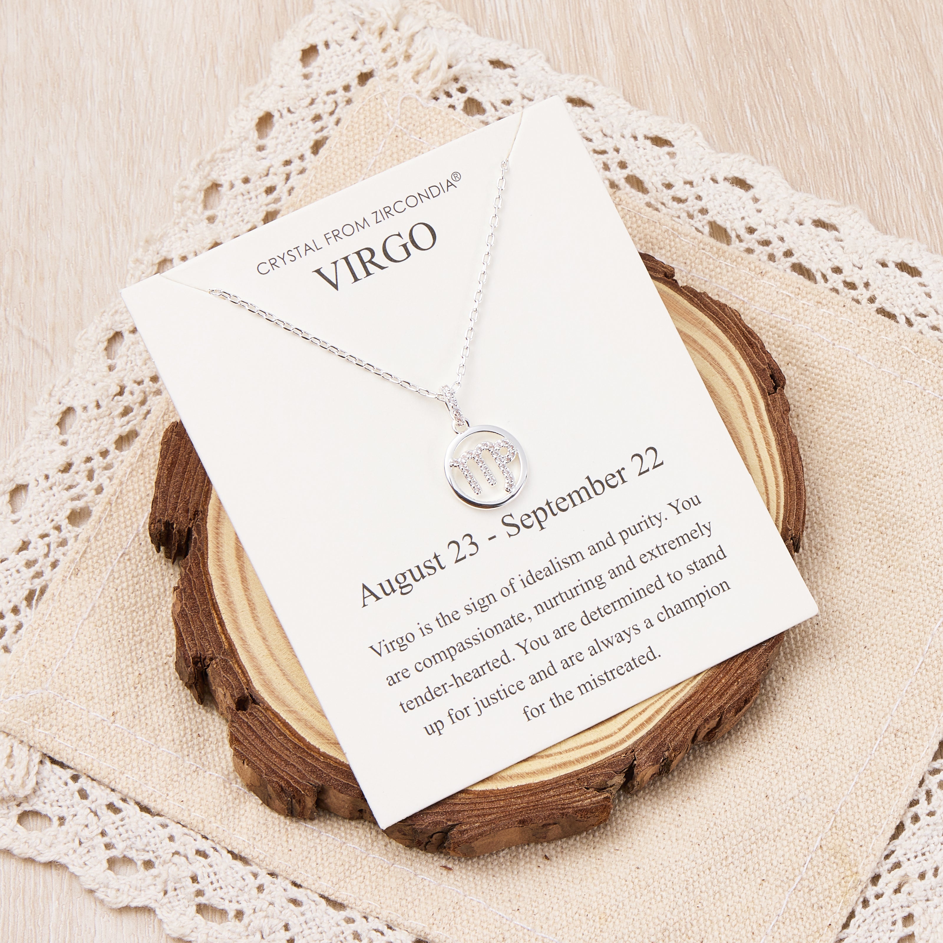 Virgo Star Sign Zodiac Necklace and Quote Card with Zircondia® Crystals