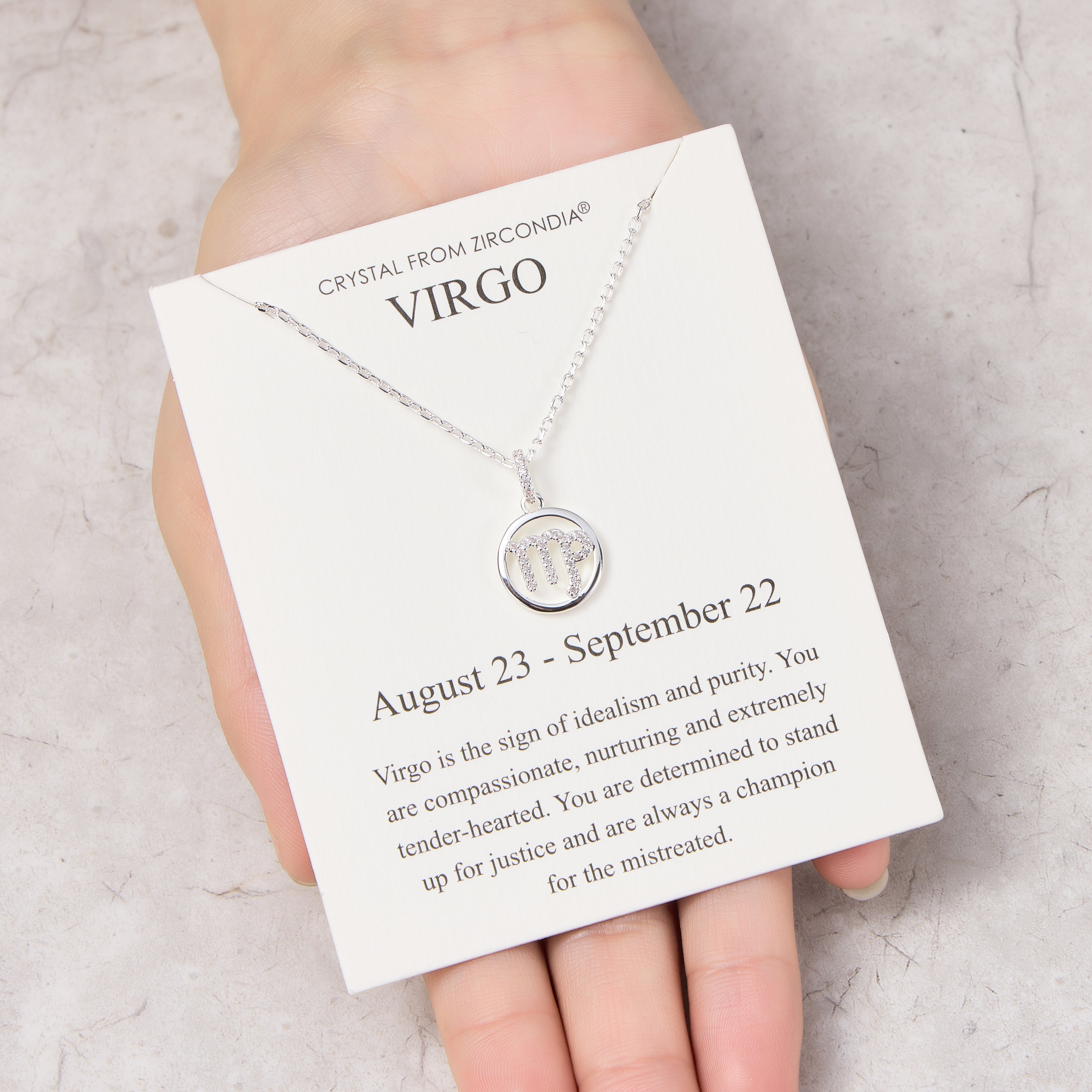 Virgo Star Sign Zodiac Necklace and Quote Card with Zircondia® Crystals