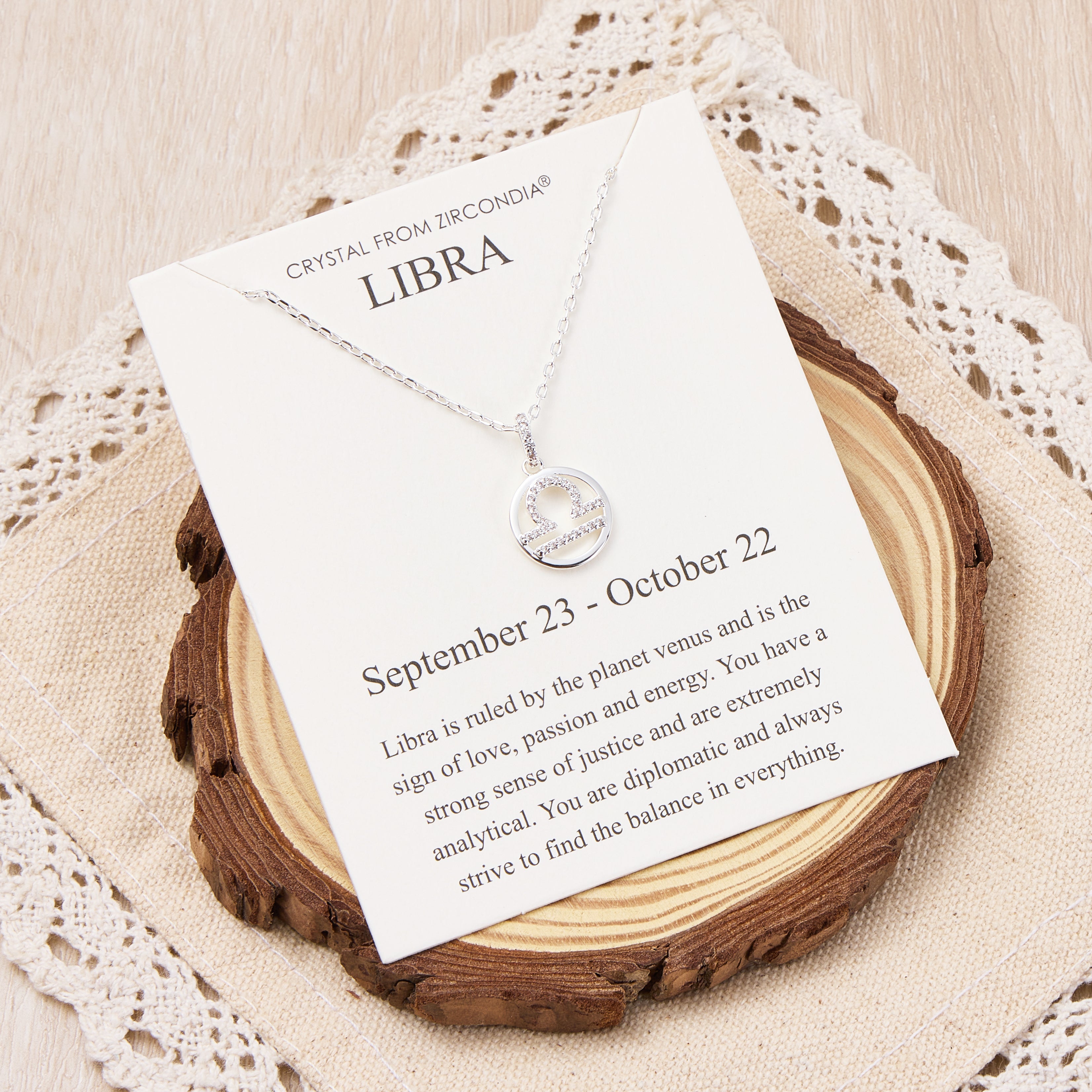 Libra Star Sign Zodiac Necklace and Quote Card with Zircondia® Crystals