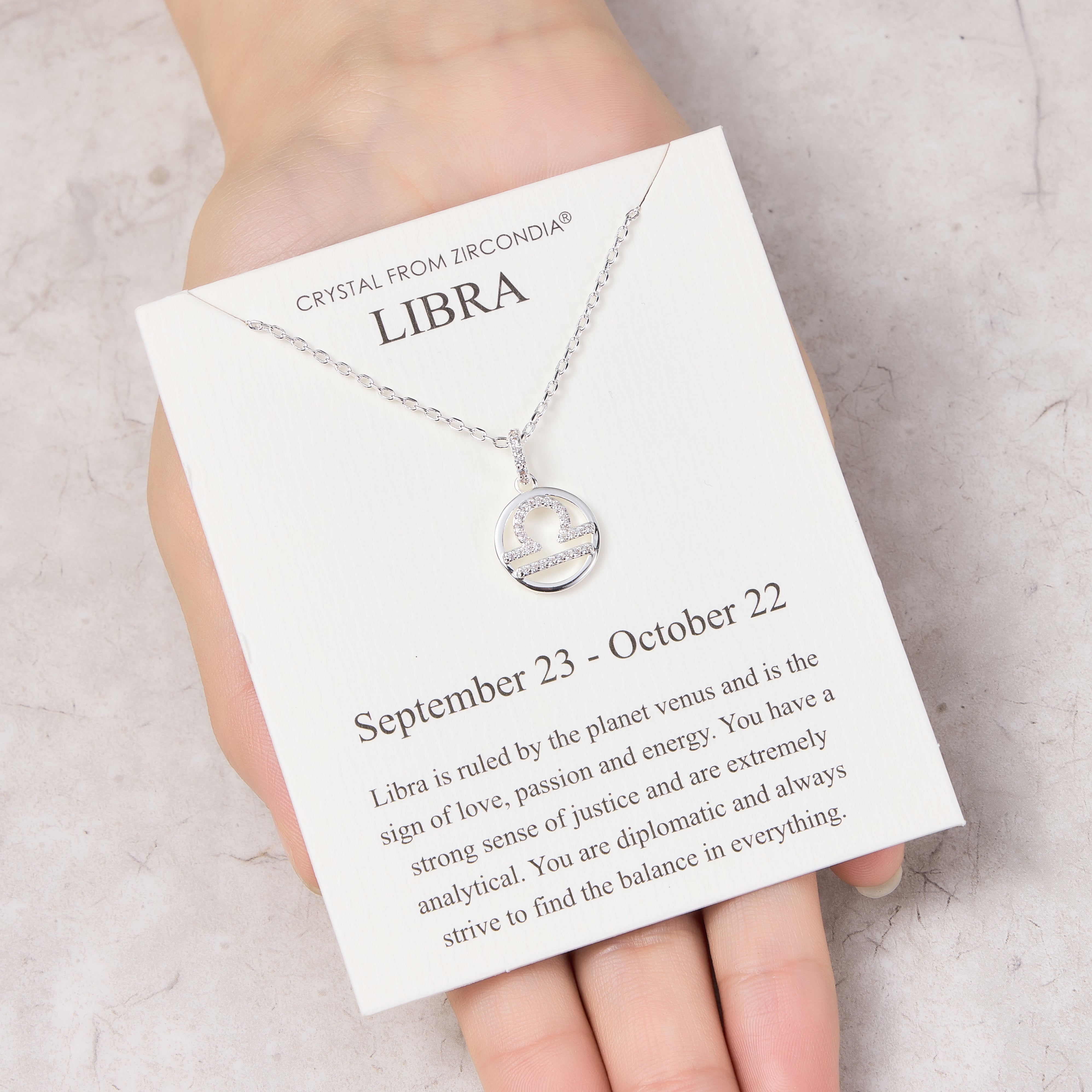 Libra Star Sign Zodiac Necklace and Quote Card with Zircondia® Crystals