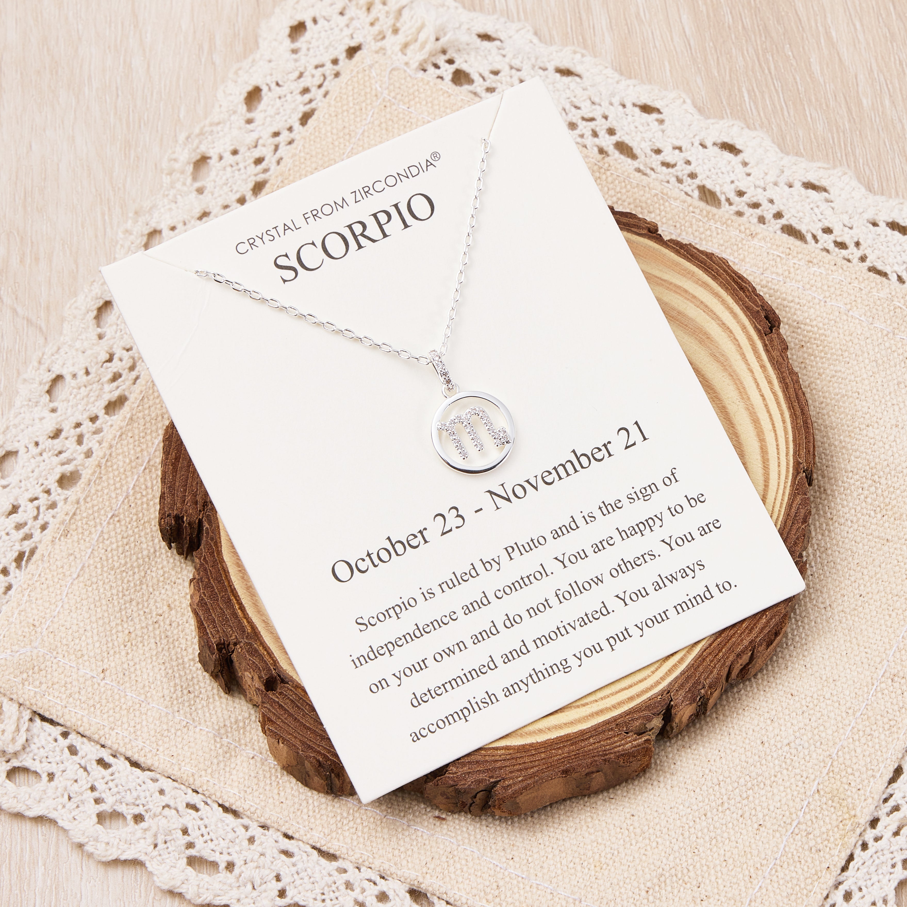 Scorpio Star Sign Zodiac Necklace and Quote Card with Zircondia® Crystals