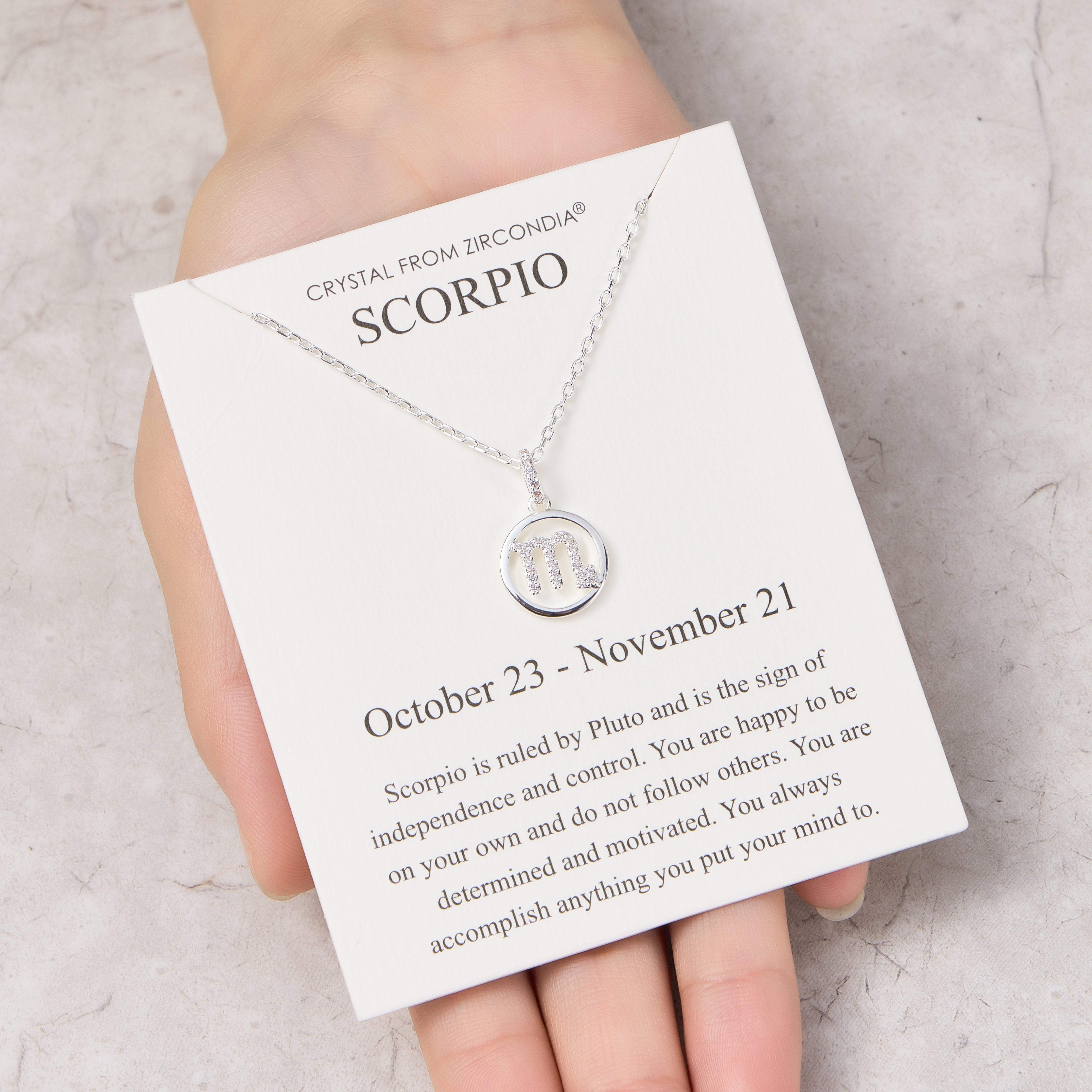 Scorpio Star Sign Zodiac Necklace and Quote Card with Zircondia® Crystals