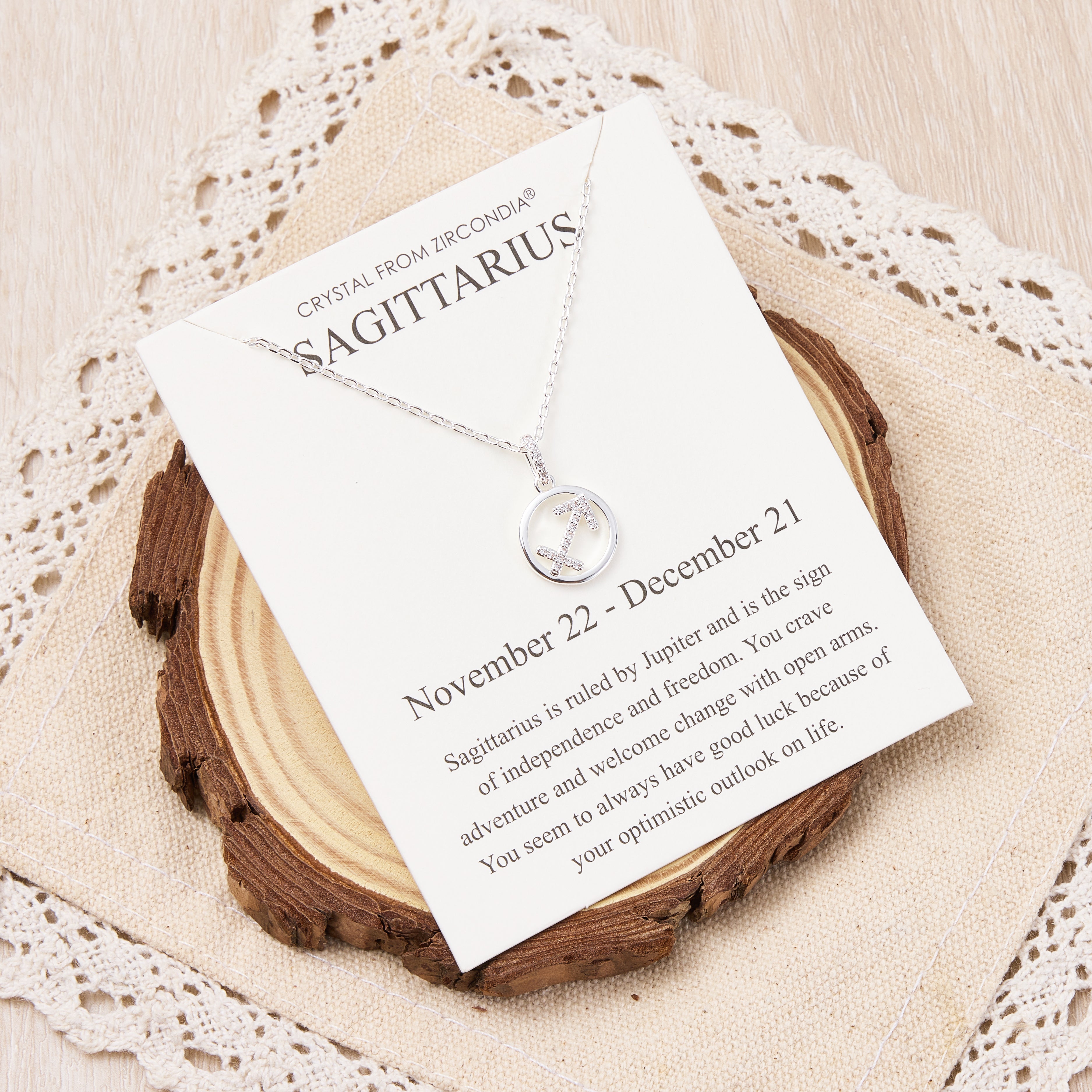 Sagittarius Star Sign Zodiac Necklace and Quote Card with Zircondia® Crystals