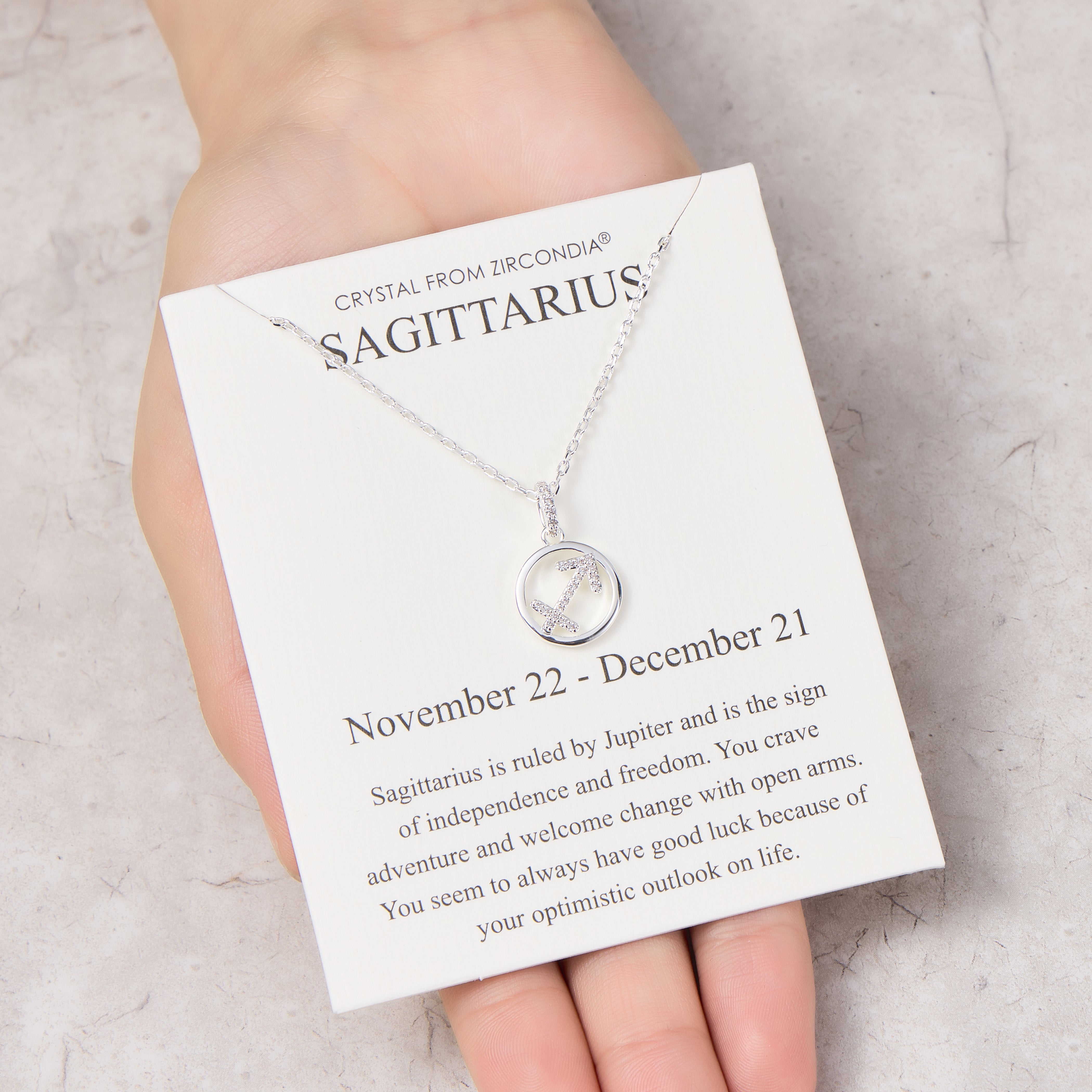 Sagittarius Star Sign Zodiac Necklace and Quote Card with Zircondia® Crystals