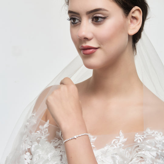 Silver Plated Heart Solitaire Bridal Bracelet Created with Zircondia® Crystals