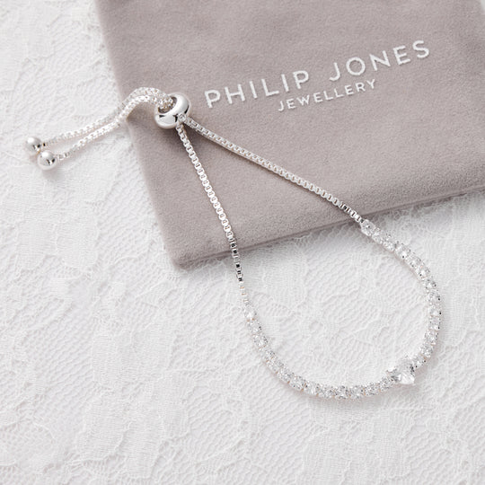 Silver Plated Heart Solitaire Bridal Bracelet Created with Zircondia® Crystals