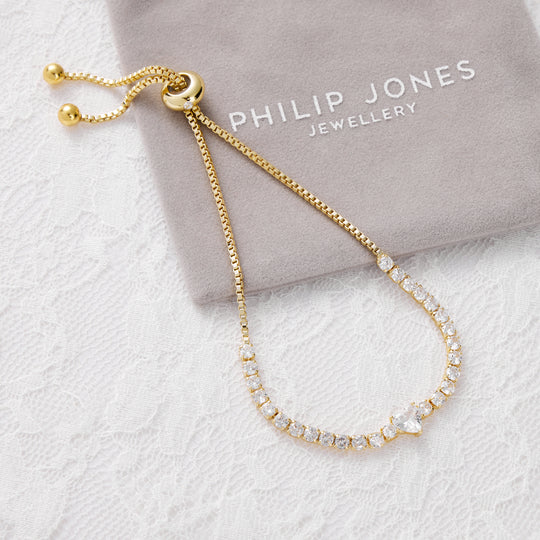 Gold Plated Heart Solitaire Bridal Bracelet Created with Zircondia® Crystals