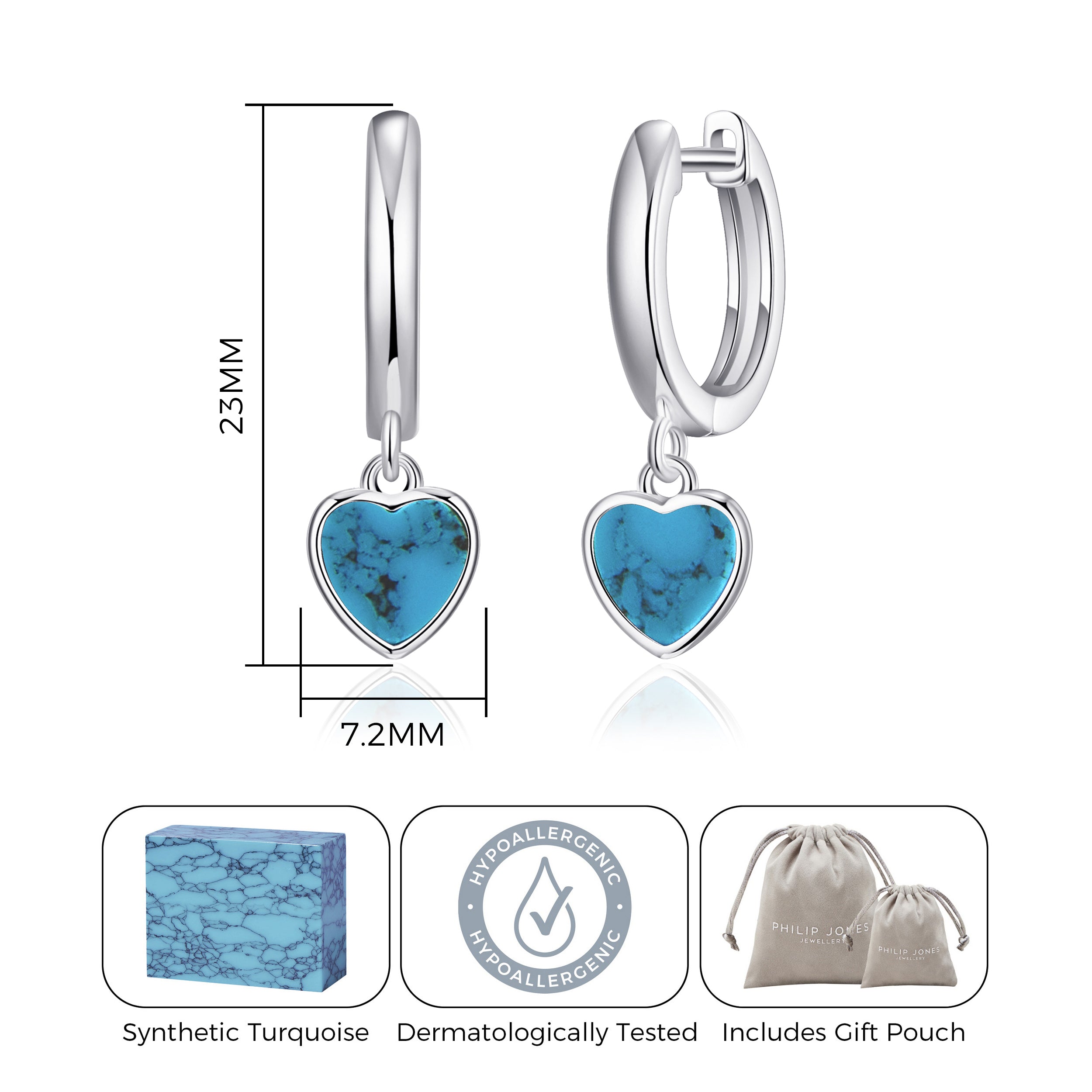 Synthetic Turquoise Gemstone Heart Charm Hoop Earrings