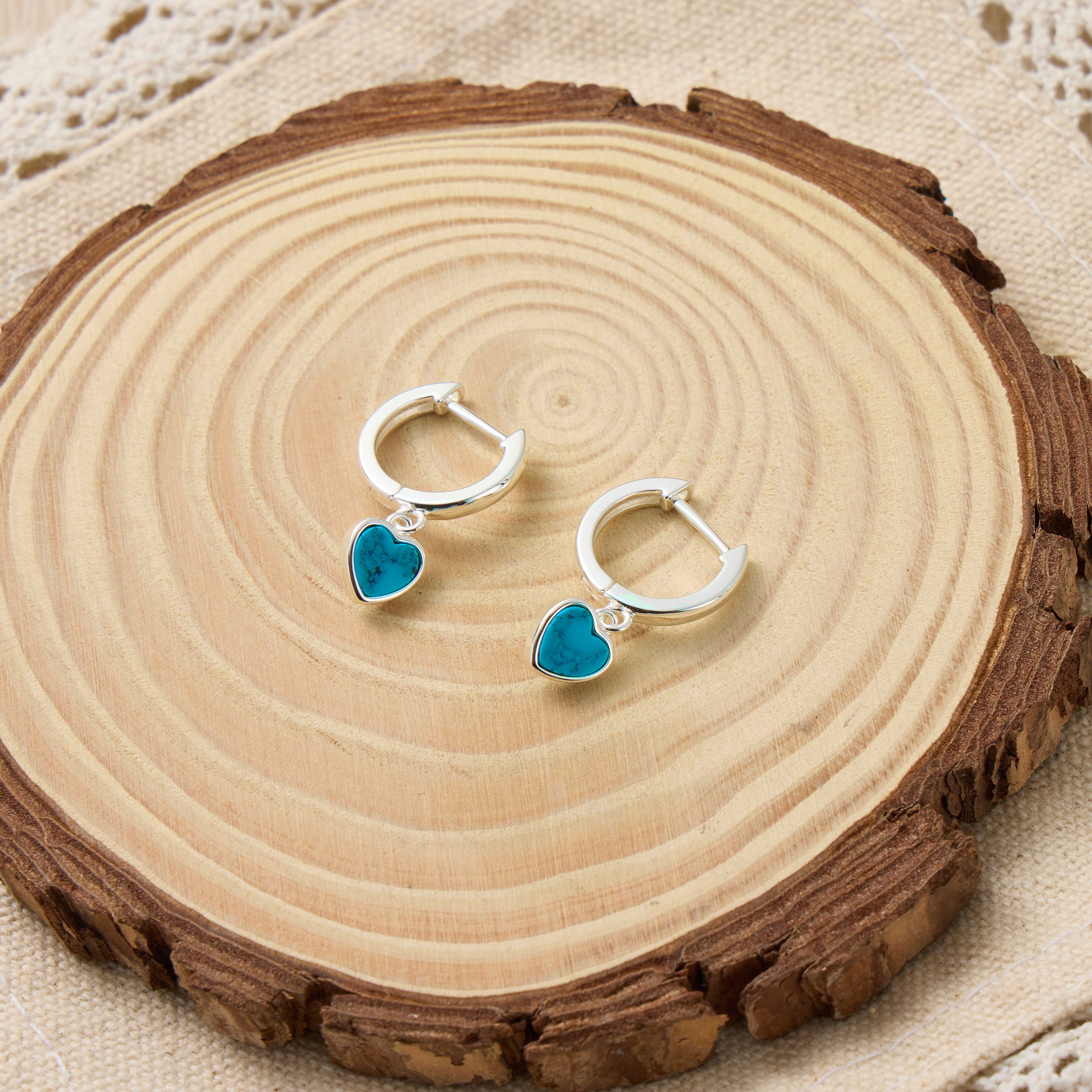 Synthetic Turquoise Gemstone Heart Charm Hoop Earrings