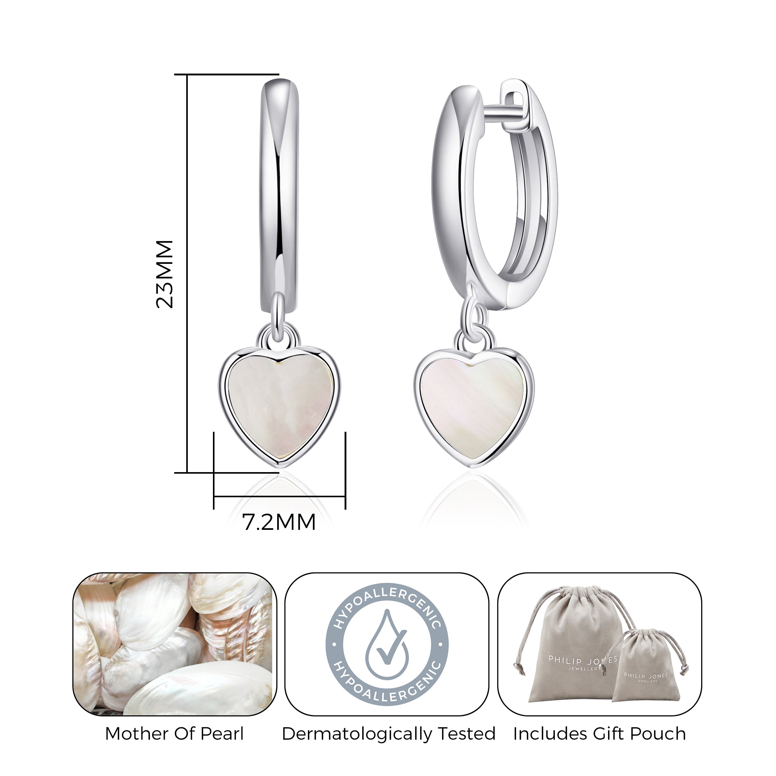 Mother of Pearl Gemstone Heart Charm Hoop Earrings