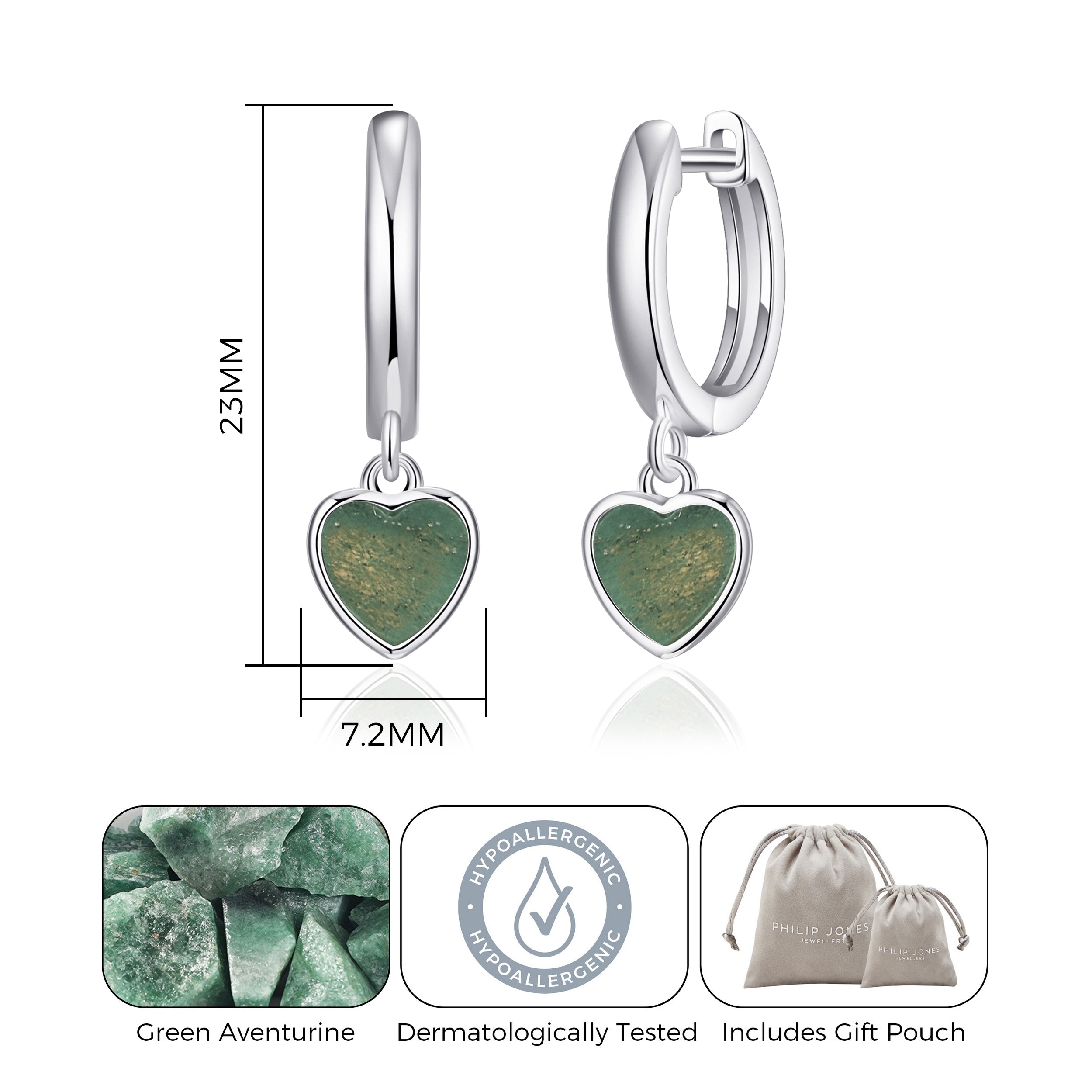 Green Aventurine Gemstone Heart Charm Hoop Earrings