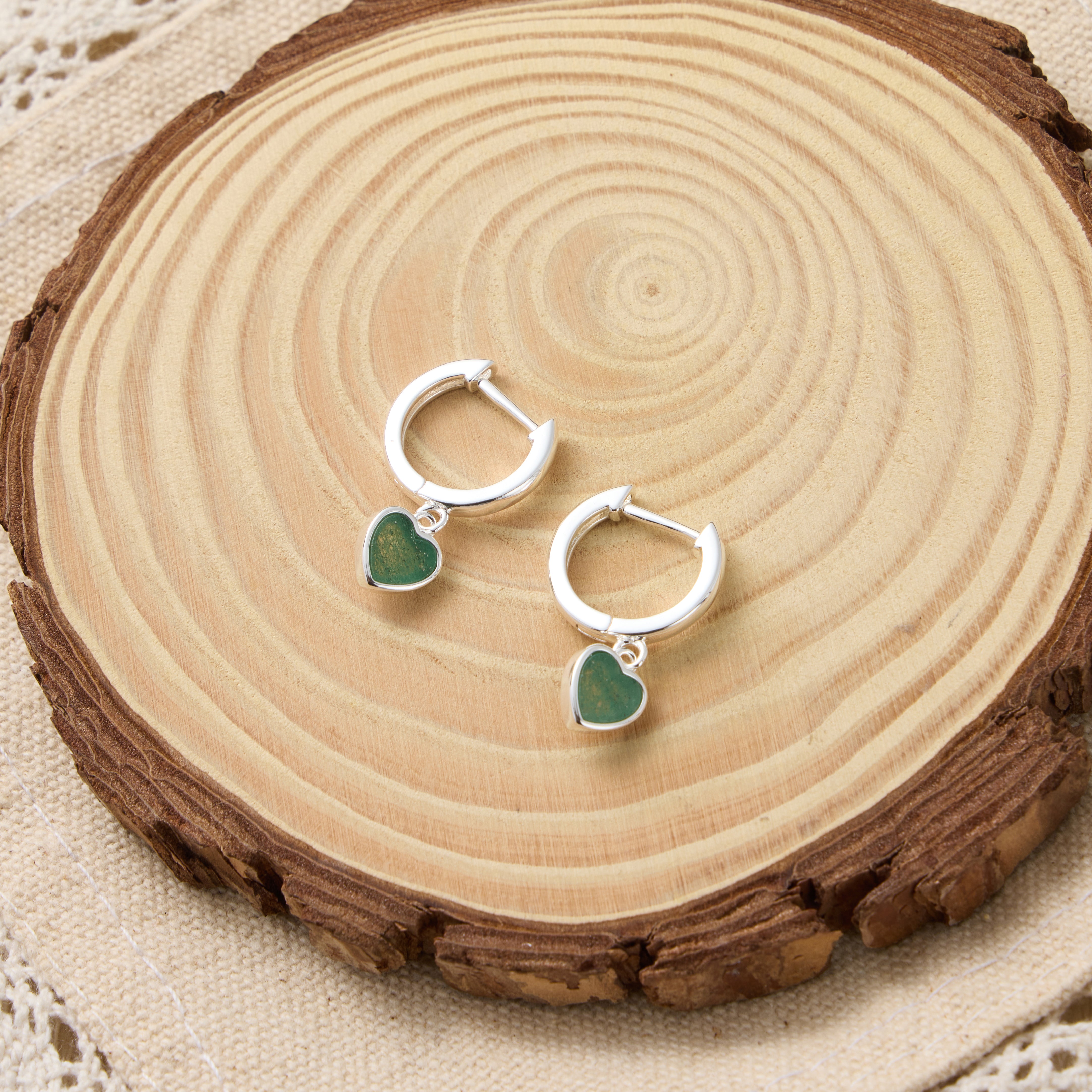 Green Aventurine Gemstone Heart Charm Hoop Earrings