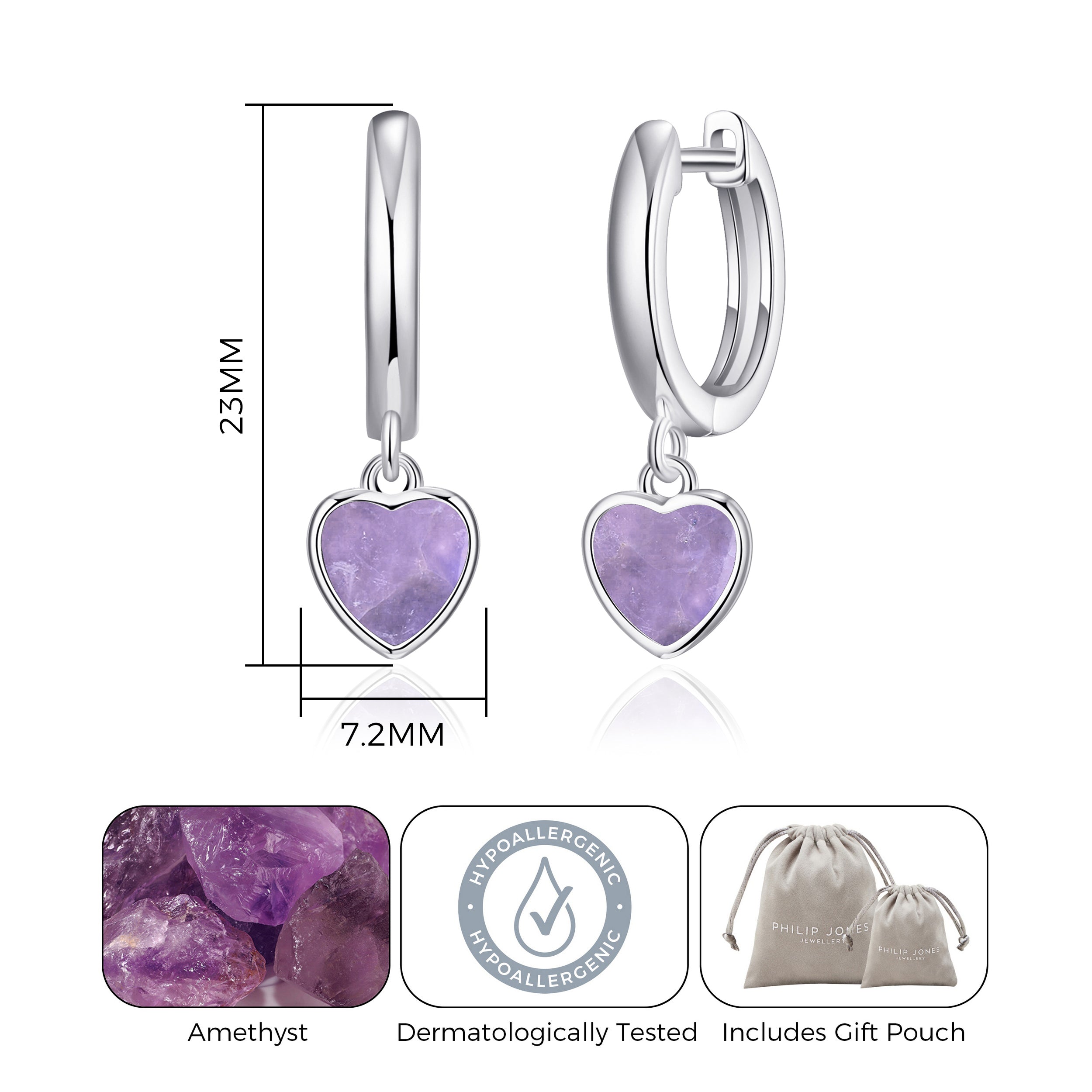 Amethyst Gemstone Heart Charm Hoop Earrings