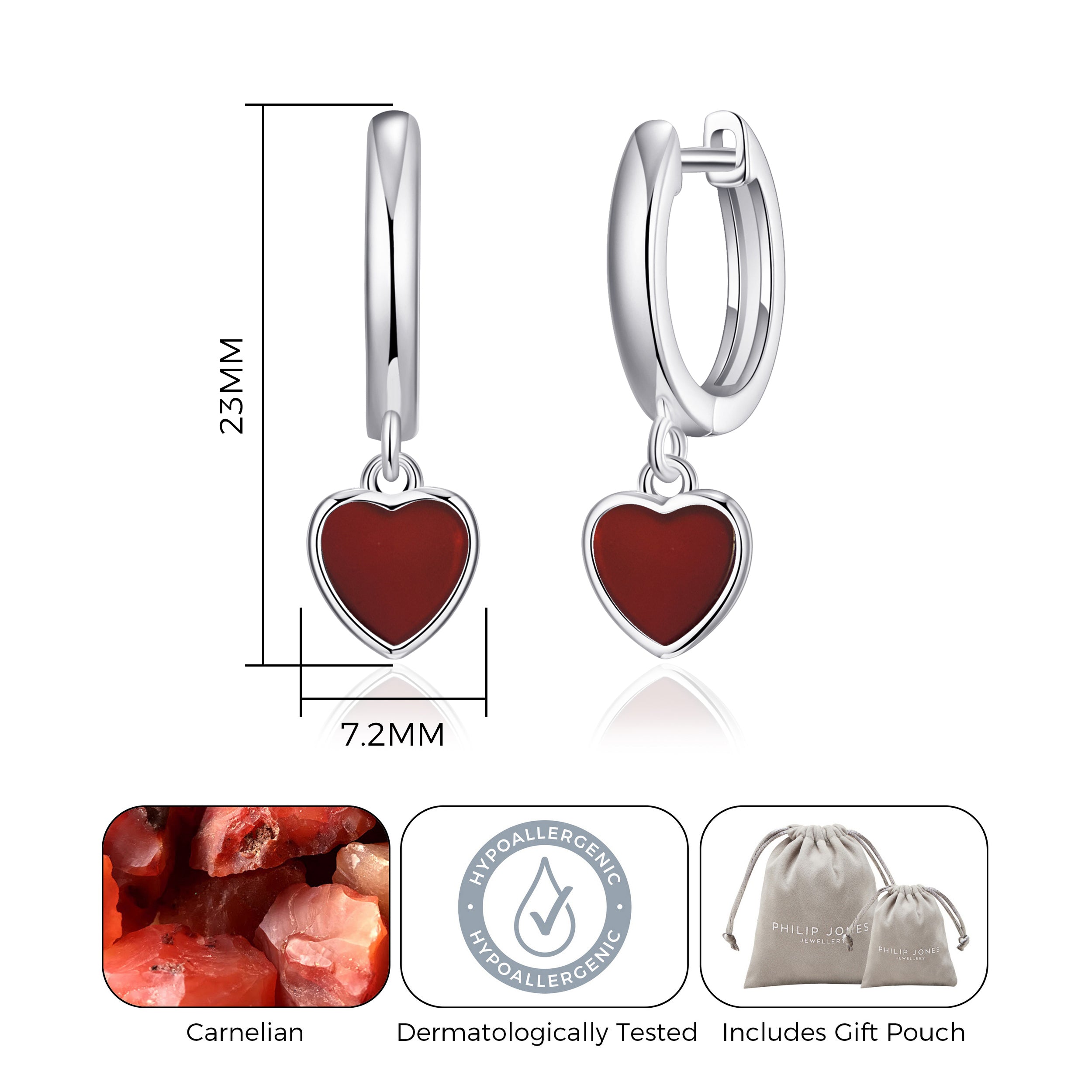 Carnelian Gemstone Heart Charm Hoop Earrings