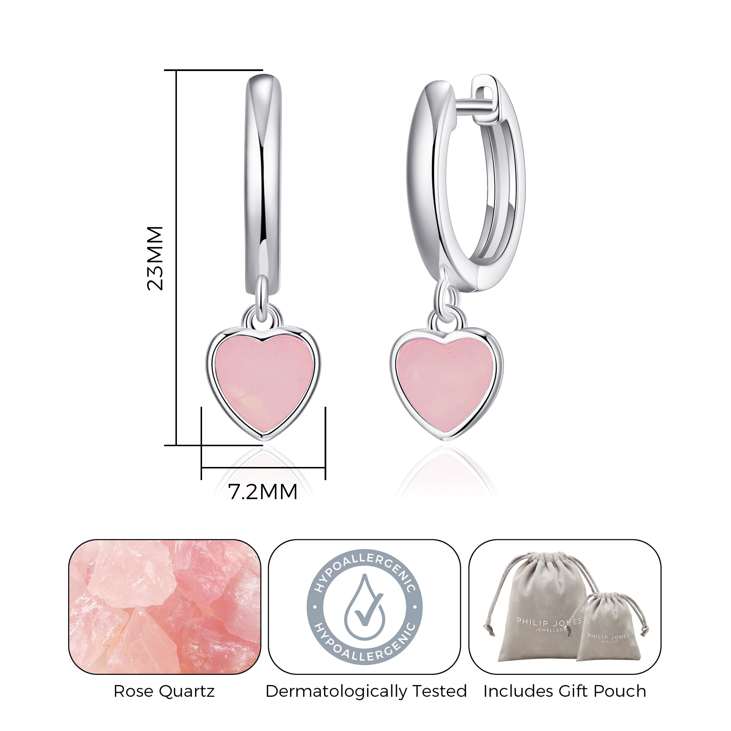 Rose Quartz Gemstone Heart Charm Hoop Earrings