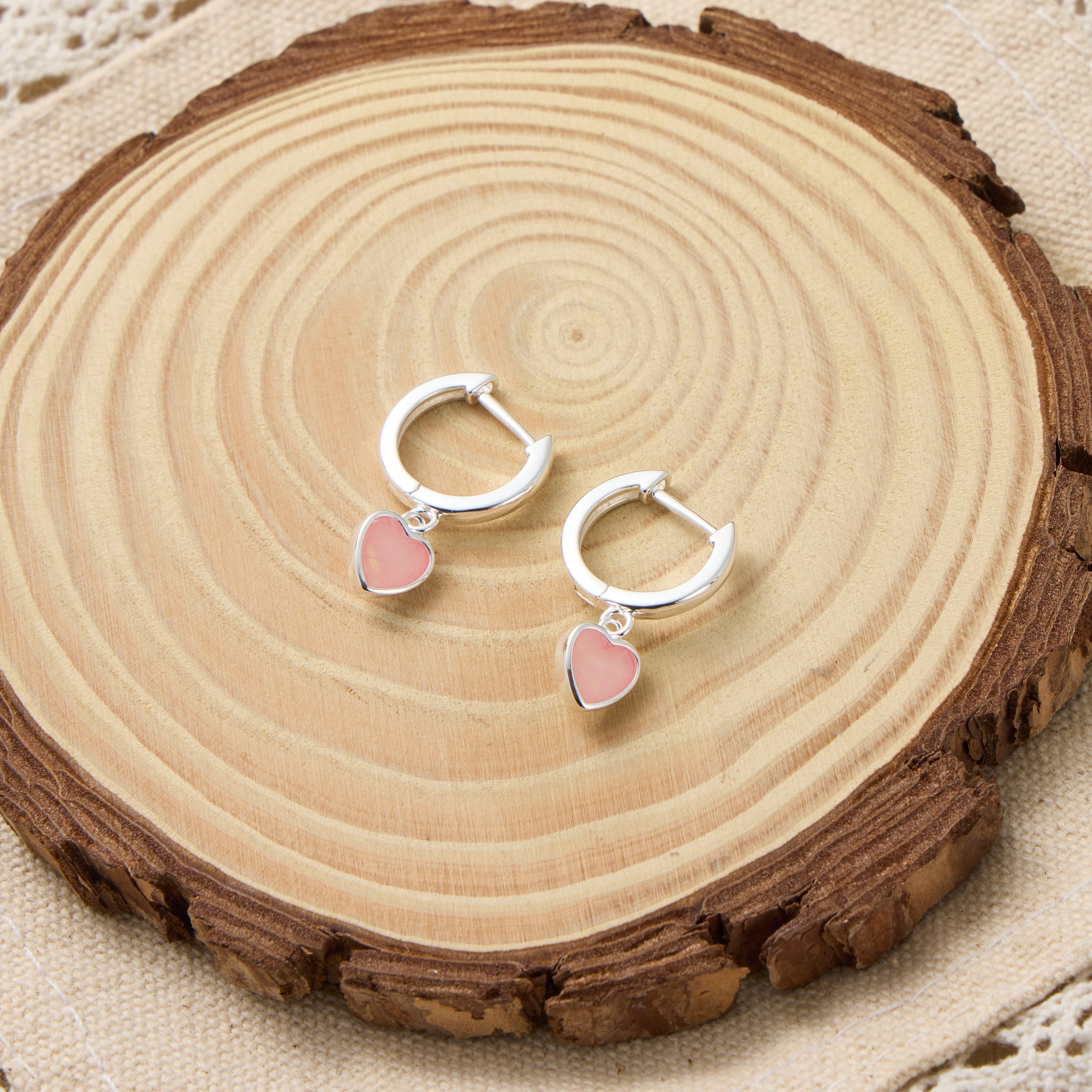 Rose Quartz Gemstone Heart Charm Hoop Earrings