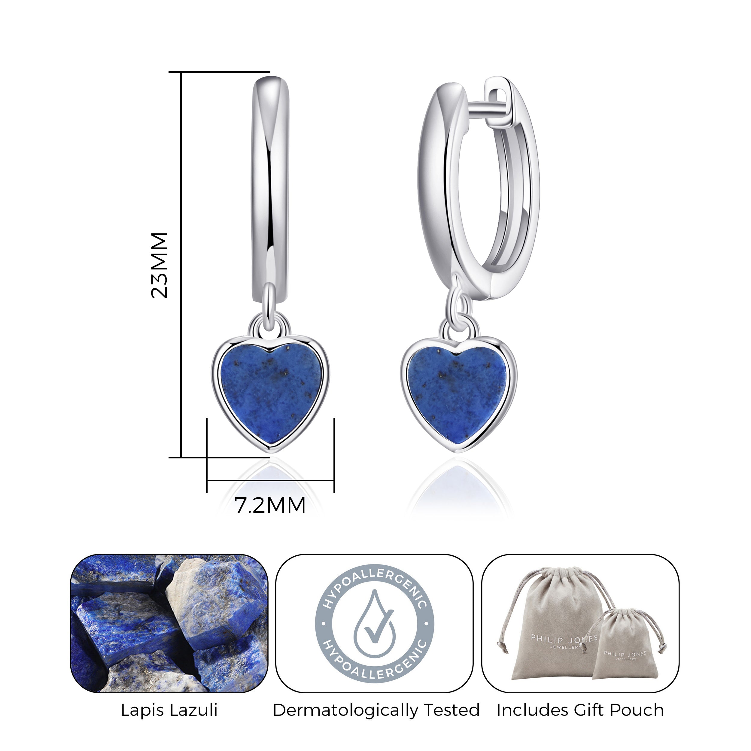 Lapis Gemstone Heart Charm Hoop Earrings