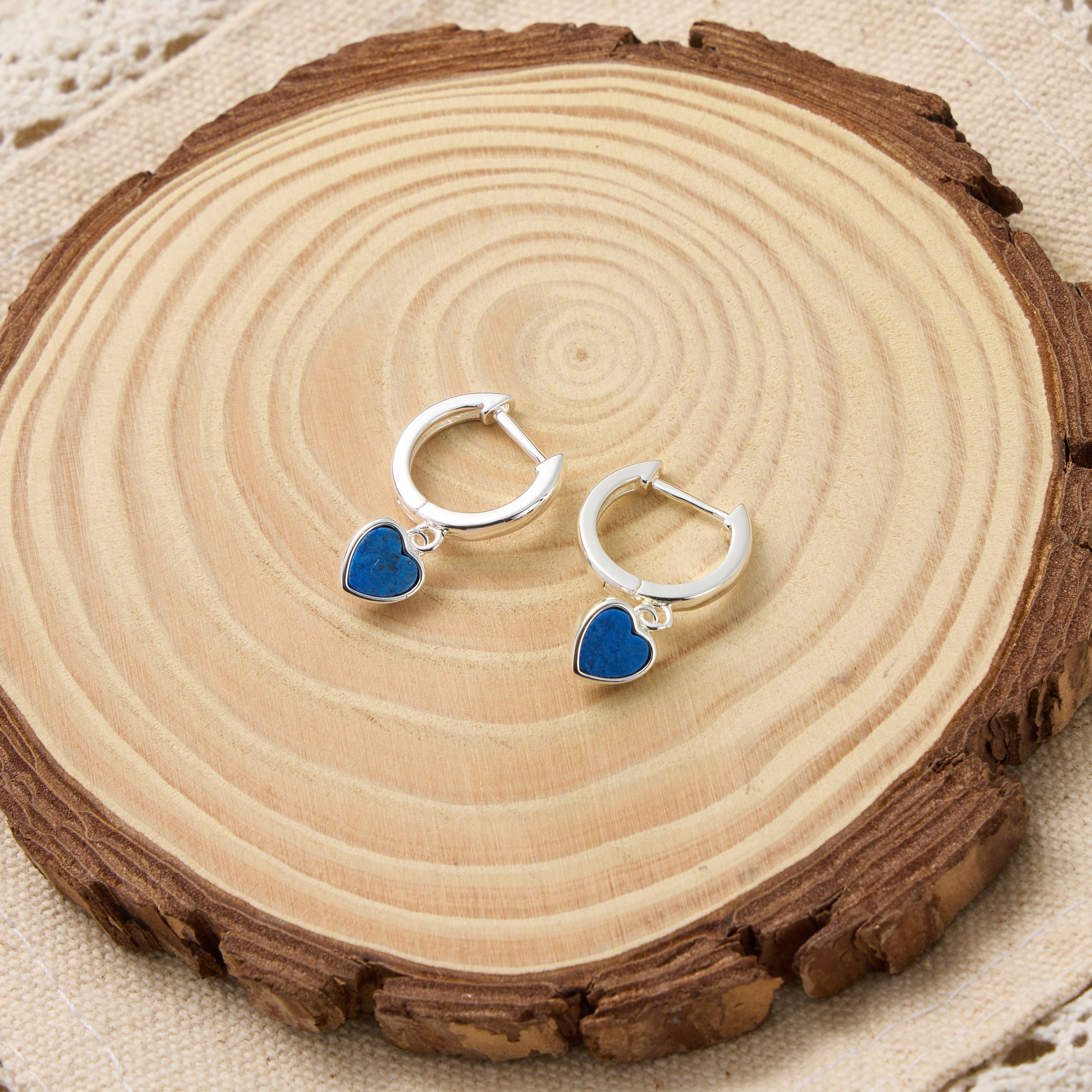 Lapis Gemstone Heart Charm Hoop Earrings