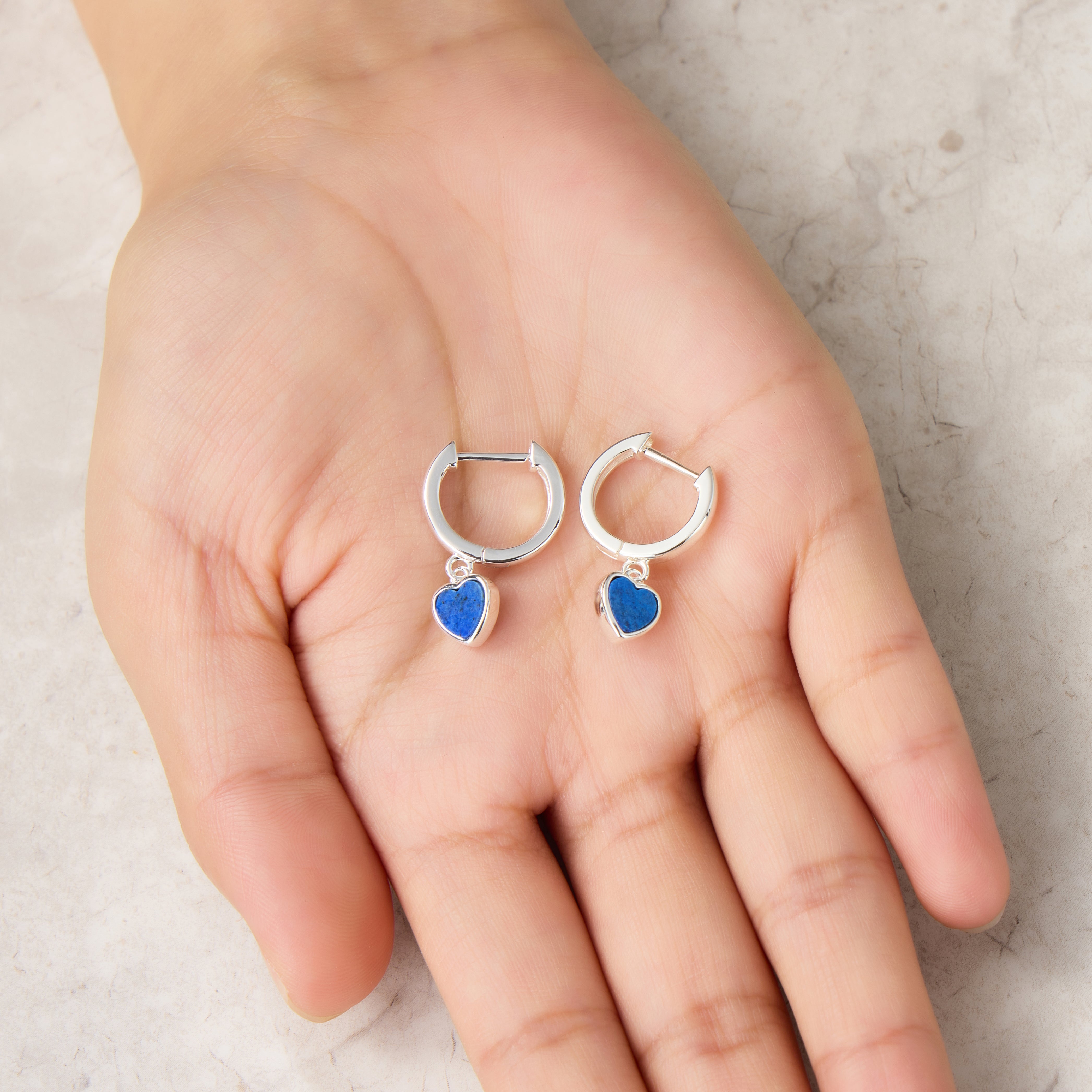 Lapis Gemstone Heart Charm Hoop Earrings