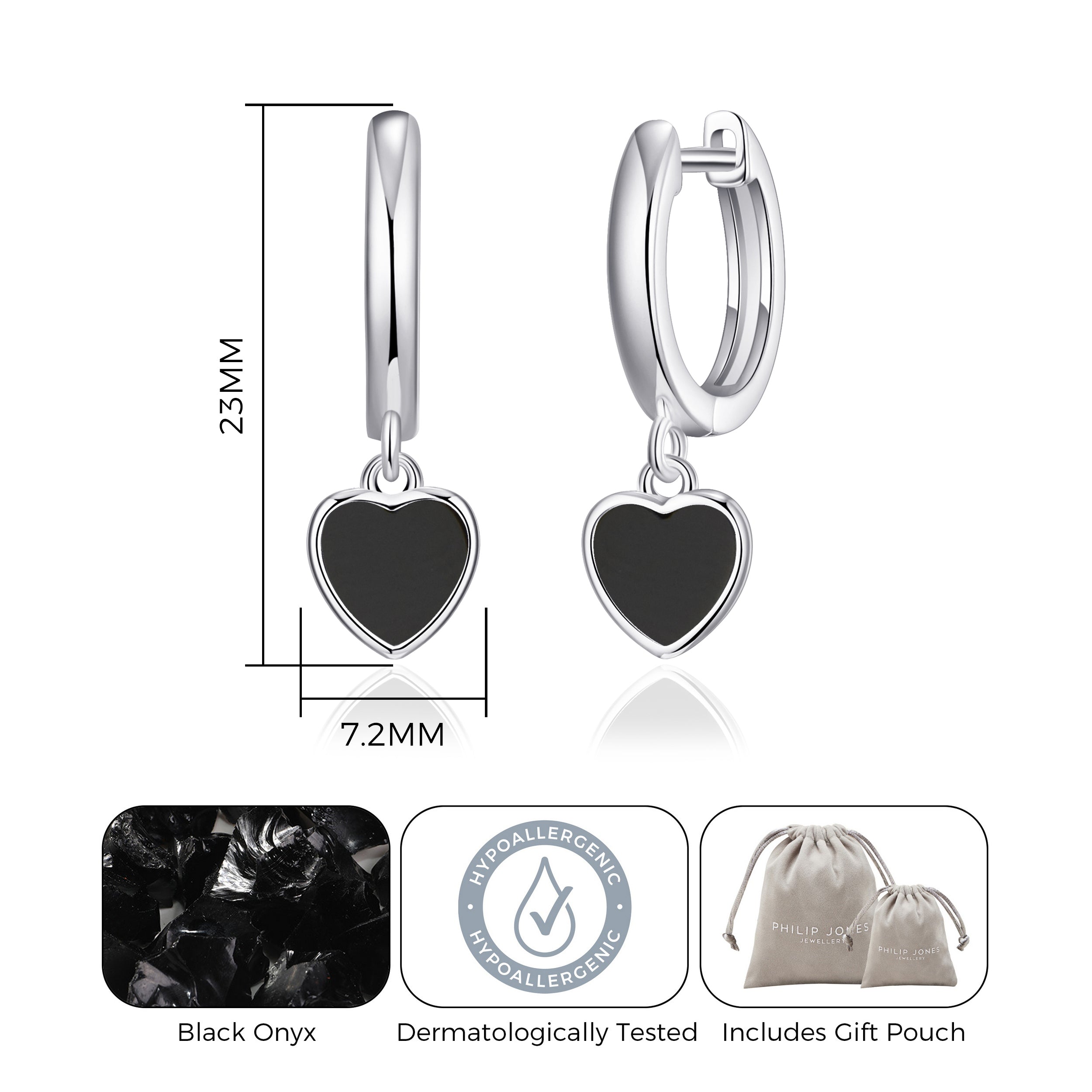 Black Onyx Gemstone Heart Charm Hoop Earrings