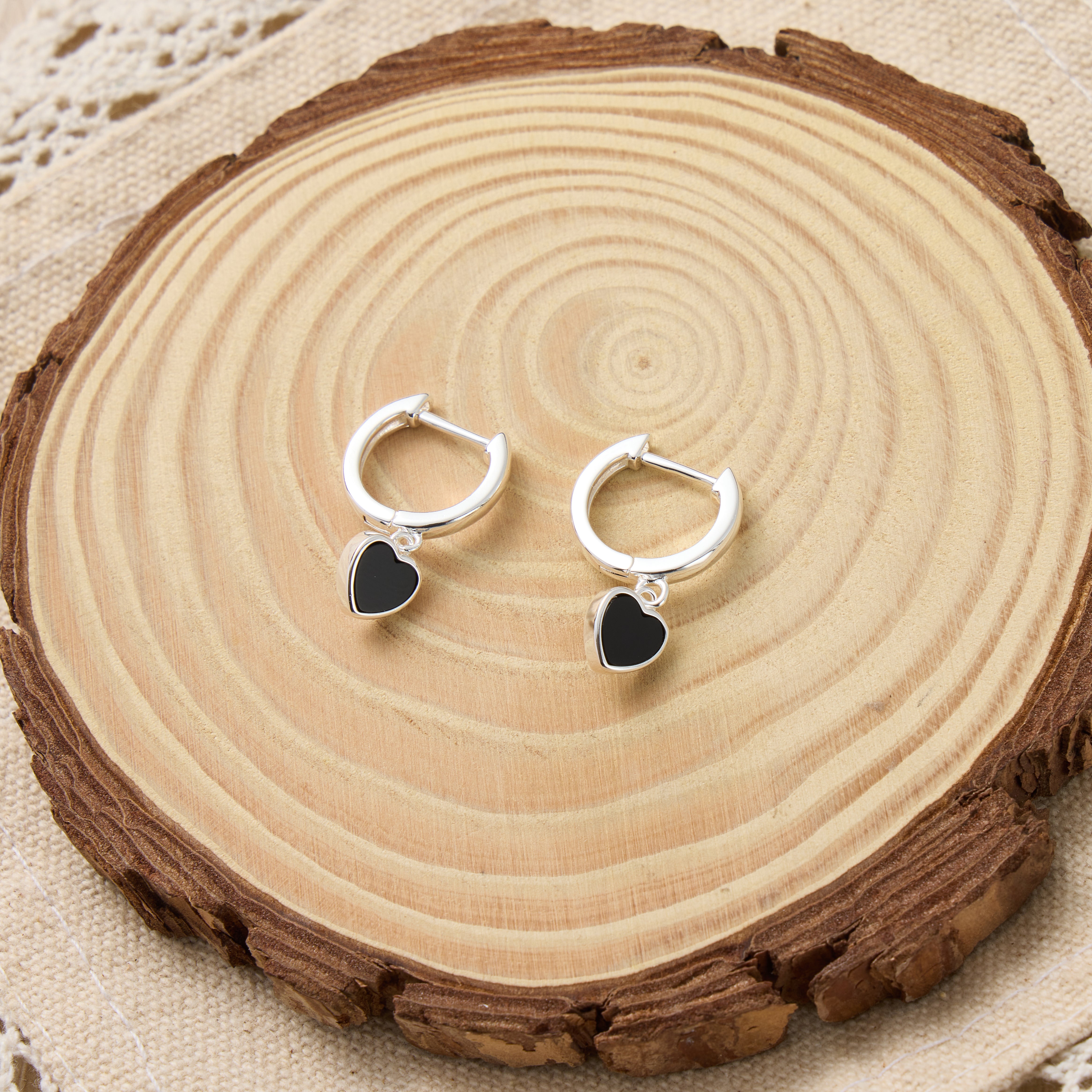 Black Onyx Gemstone Heart Charm Hoop Earrings