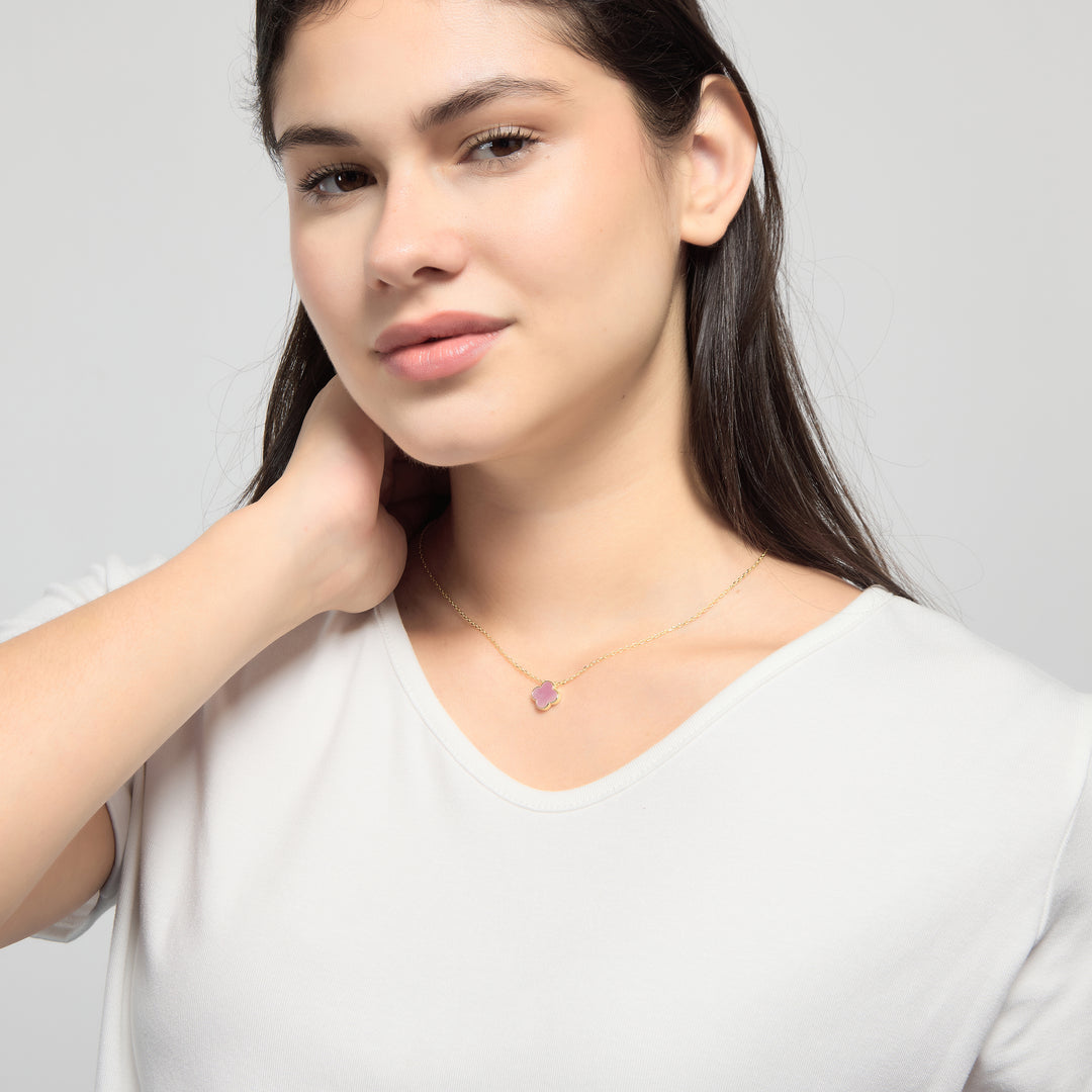 18k Gold Plated Pink Mother of Pearl Gemstone Clover Necklace