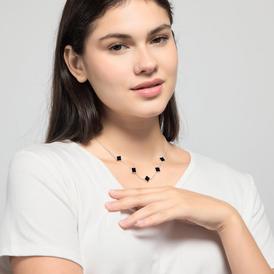 Black Onyx Gemstone Multi Clover Necklace