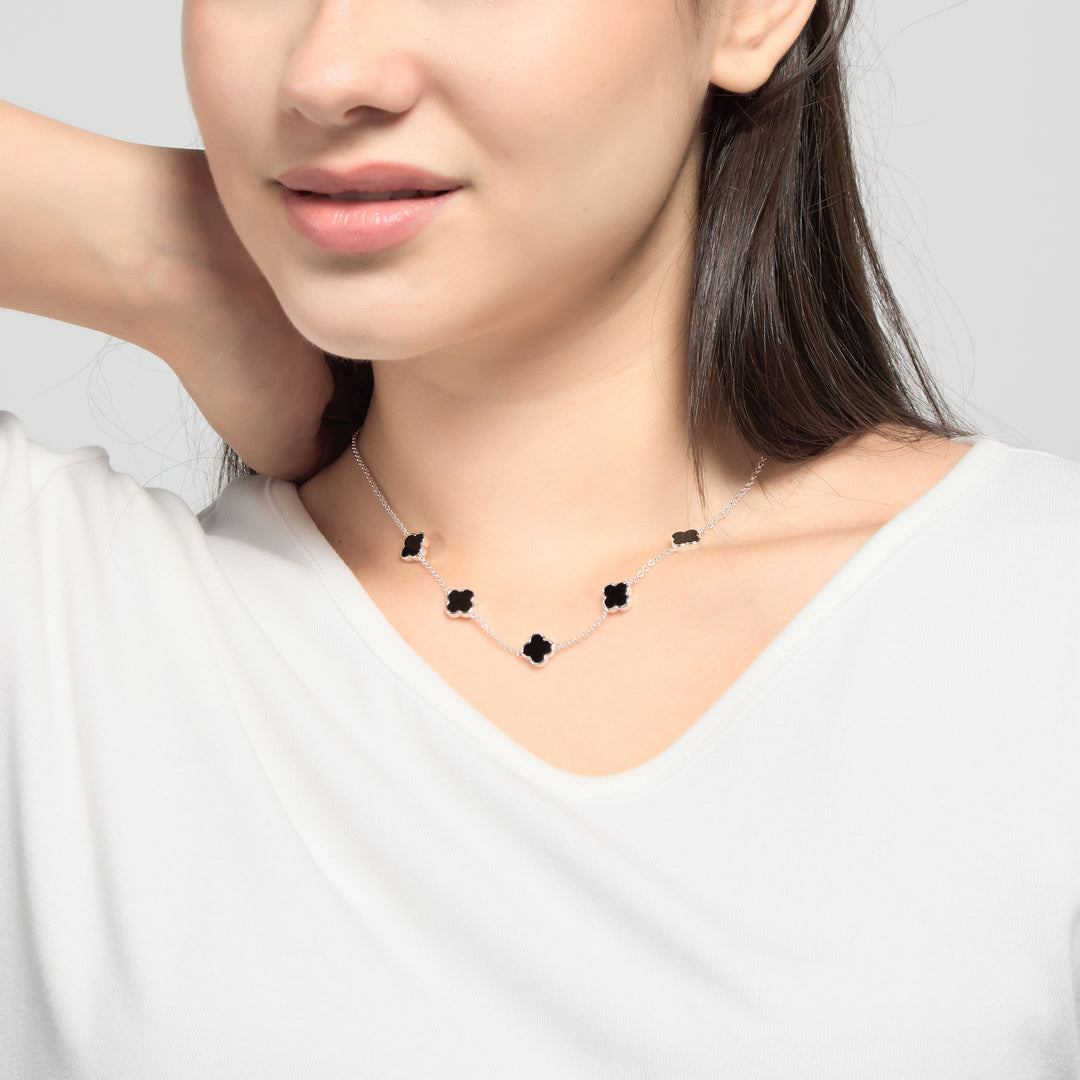 Black Onyx Gemstone Multi Clover Necklace