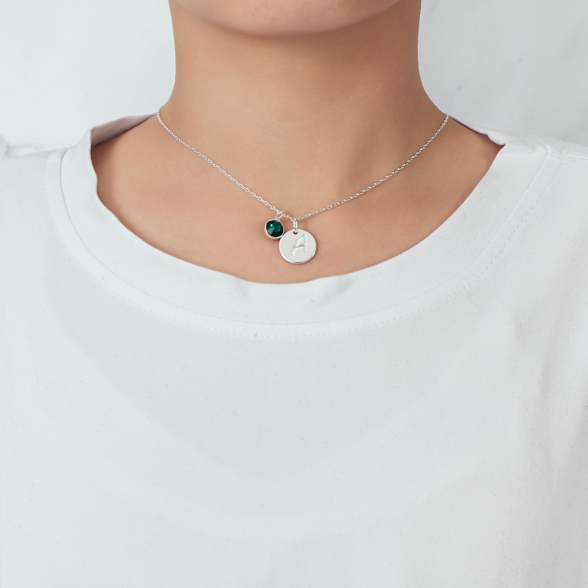 May (Emerald) Birthstone Necklace with Initial Charm (A to Z) Created with Zircondia® Crystals