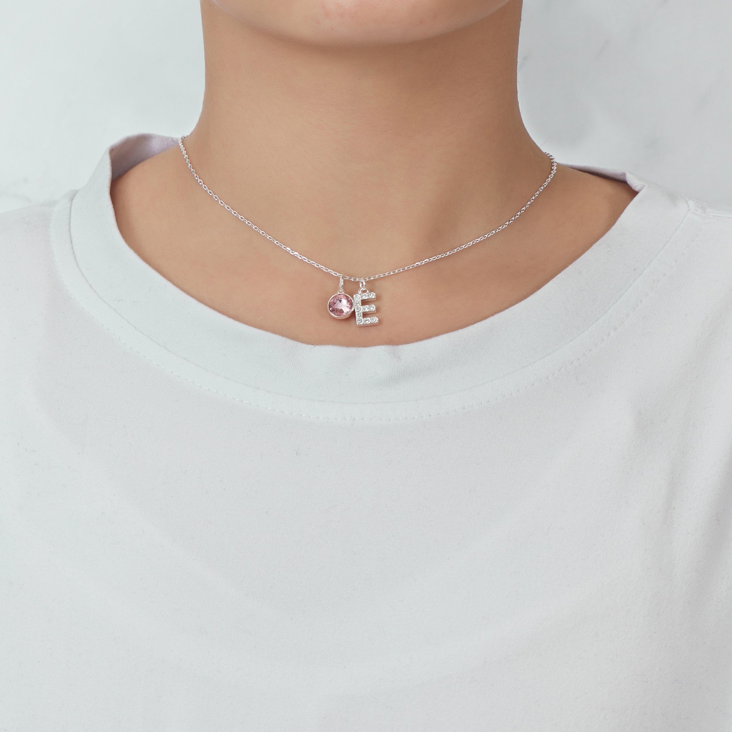 Pave Initial E Necklace with Birthstone Charm Created with Zircondia® Crystals