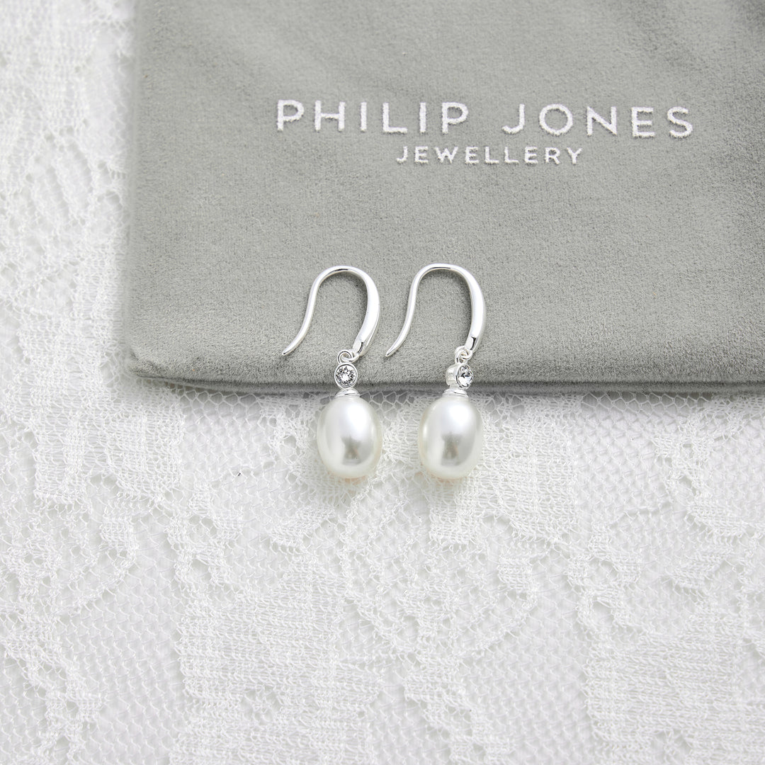 Sterling Silver White Pearl Drop Bridal Earrings Created with Zircondia® Crystals