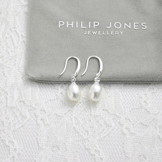 Sterling Silver White Pearl Drop Bridal Earrings Created with Zircondia® Crystals