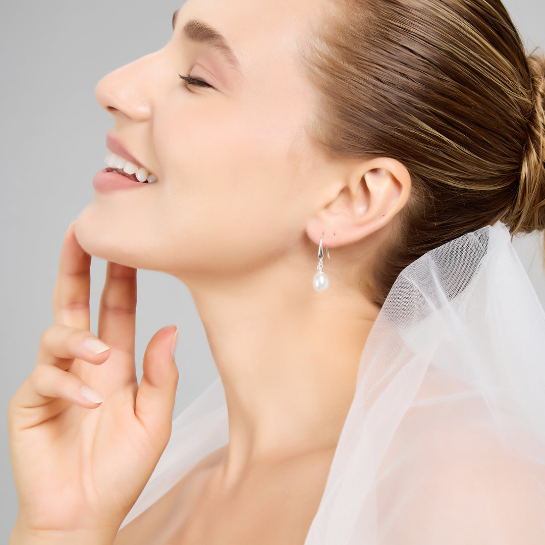 Sterling Silver White Pearl Drop Bridal Earrings Created with Zircondia® Crystals