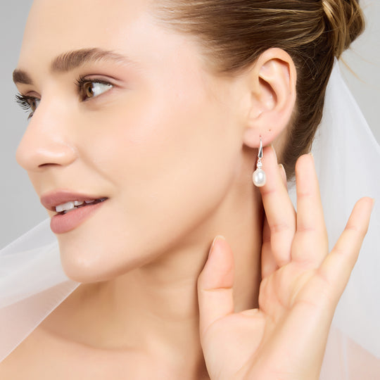 Sterling Silver White Pearl Drop Bridal Earrings Created with Zircondia® Crystals