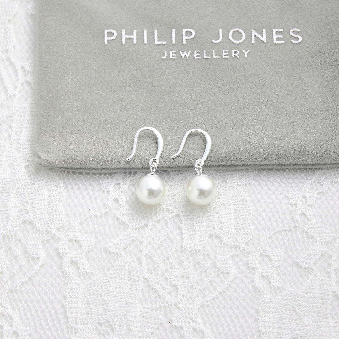 Sterling Silver White Pearl Drop Bridal Earrings