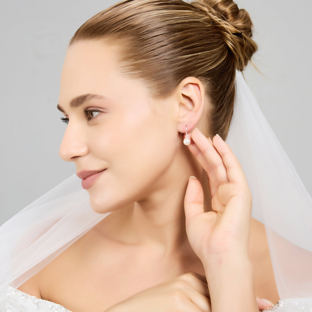 Sterling Silver White Pearl Drop Bridal Earrings