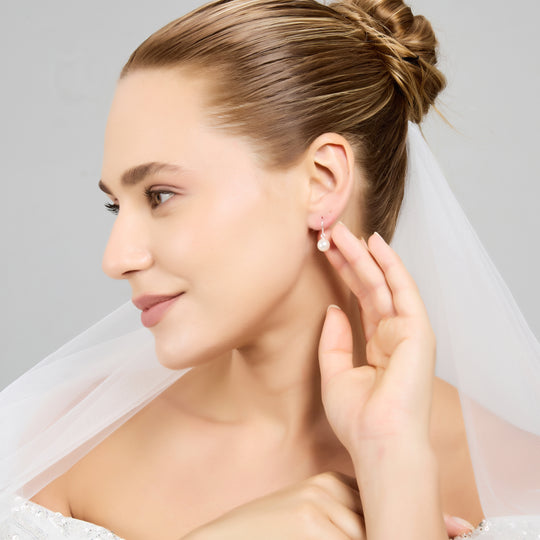 Sterling Silver White Pearl Drop Bridal Earrings