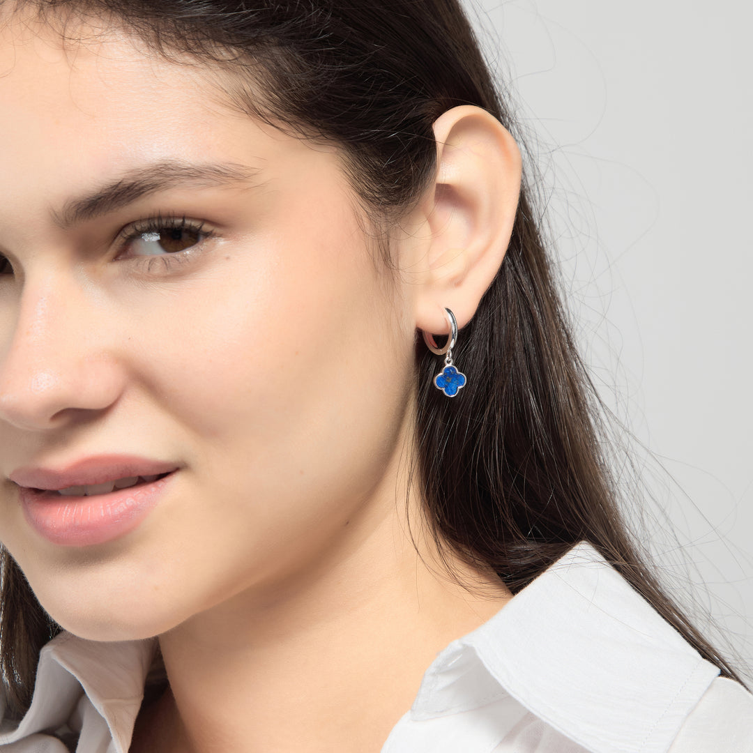 Lapis Gemstone Clover Charm Hoop Earrings