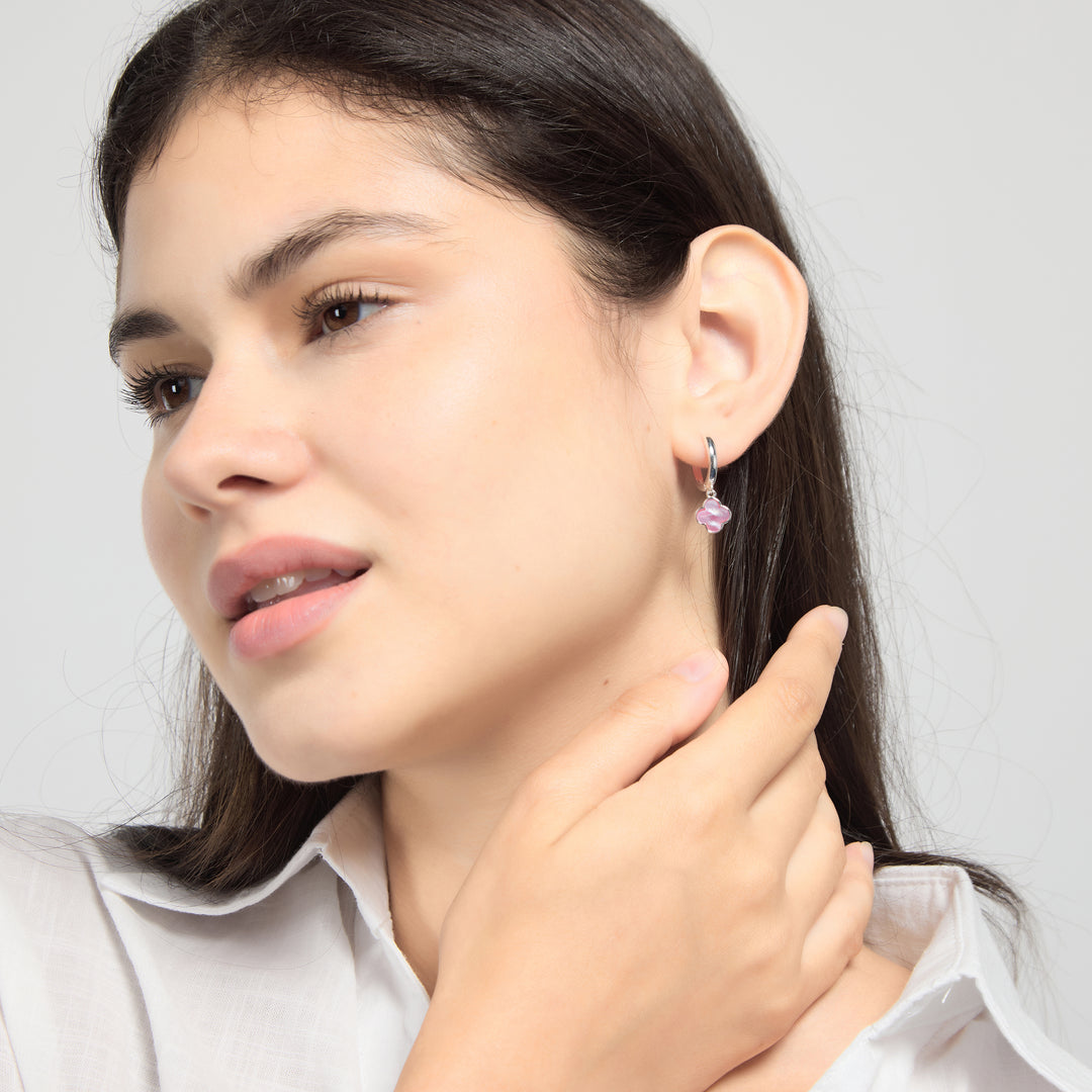 Pink Mother of Pearl Gemstone Clover Charm Hoop Earrings