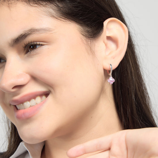 Pink Mother of Pearl Gemstone Clover Charm Hoop Earrings