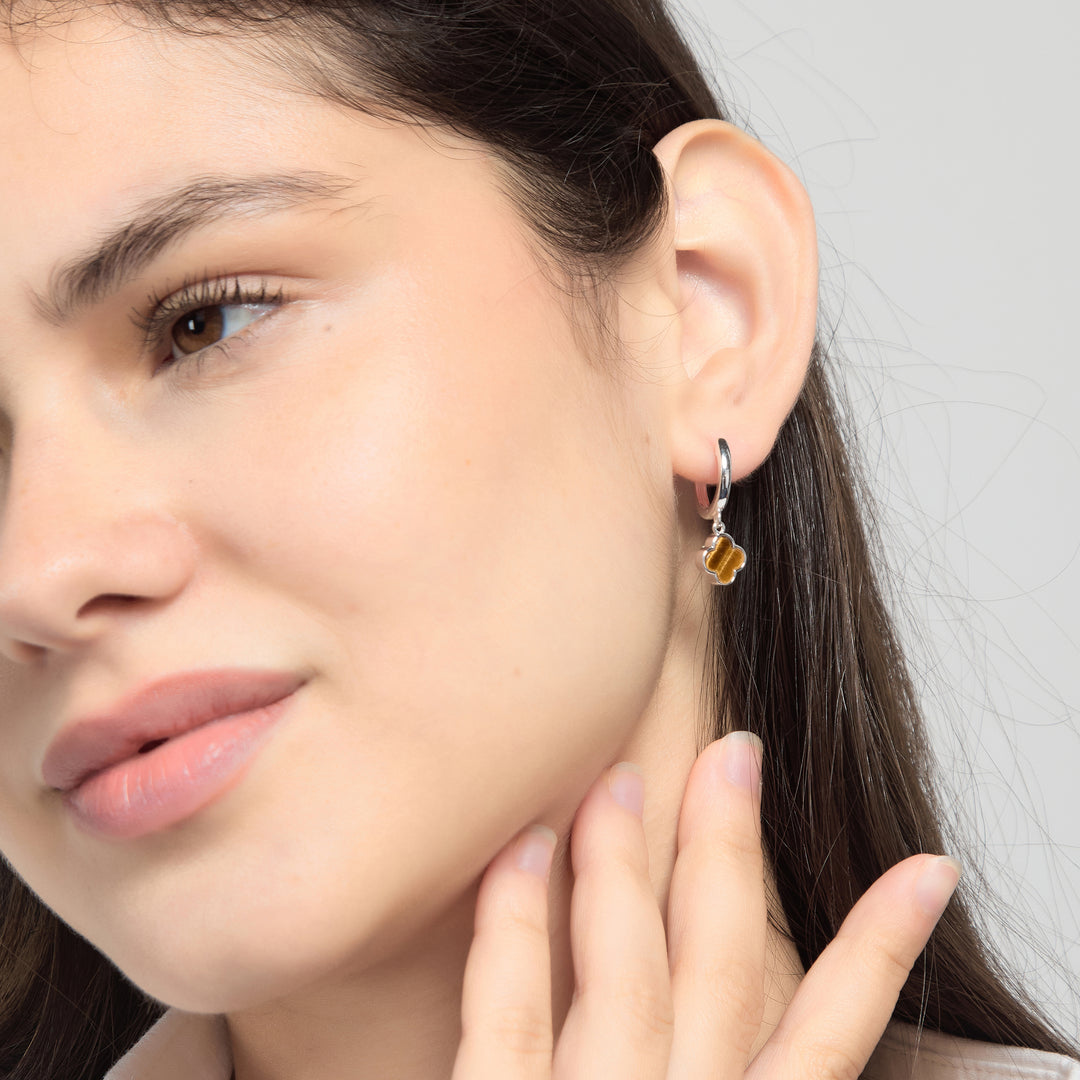 Tigers Eye Gemstone Clover Charm Hoop Earrings
