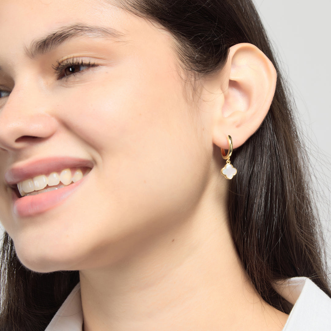 18k Gold Plated Mother of Pearl Gemstone Clover Charm Hoop Earrings