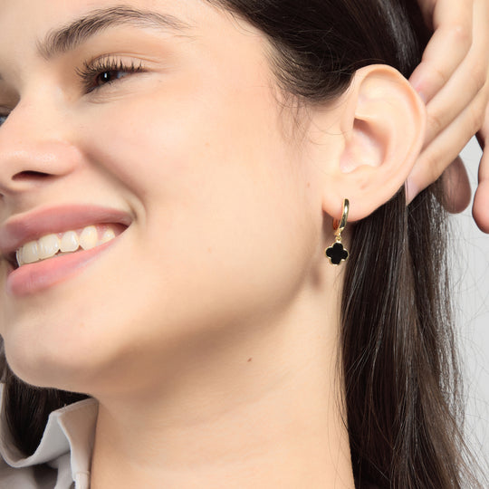 18k Gold Plated Black Onyx Gemstone Clover Charm Hoop Earrings