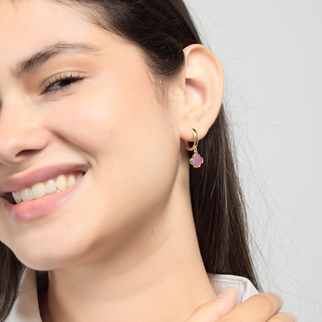 18k Gold Plated Pink Mother of Pearl Gemstone Clover Charm Hoop Earrings