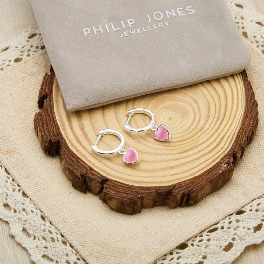 Pink Mother of Pearl Gemstone Heart Charm Hoop Earrings with Quote Card