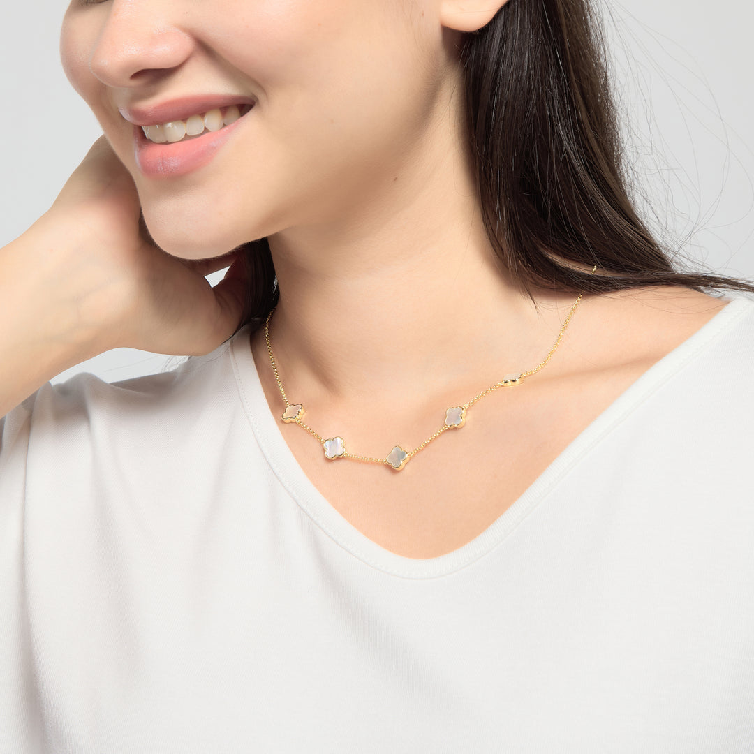 18k Gold Plated Mother of Pearl Gemstone Multi Clover Necklace