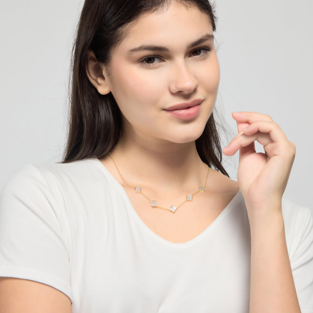 18k Gold Plated Mother of Pearl Gemstone Multi Clover Necklace