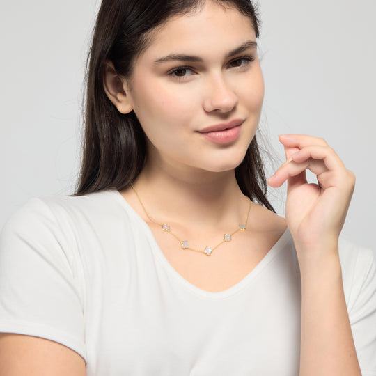 18k Gold Plated Mother of Pearl Gemstone Multi Clover Necklace